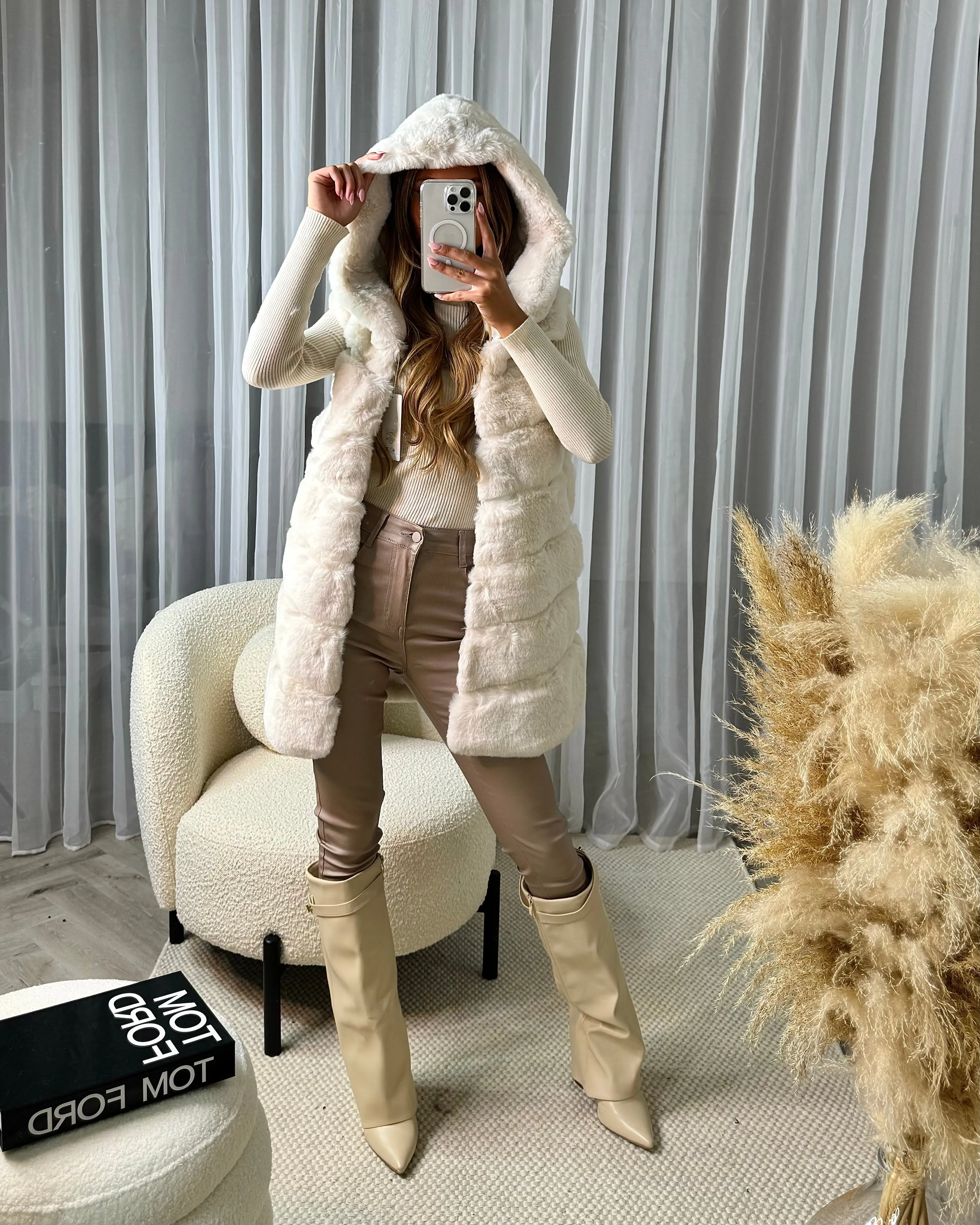 Naomi Faux Fur Gilet with Hood - Cream