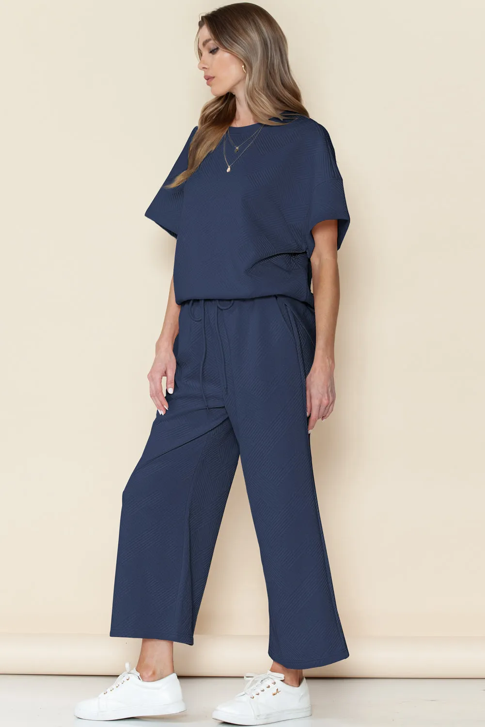 Navy Blue Textured Loose Fit T Shirt and Drawstring Pants Set