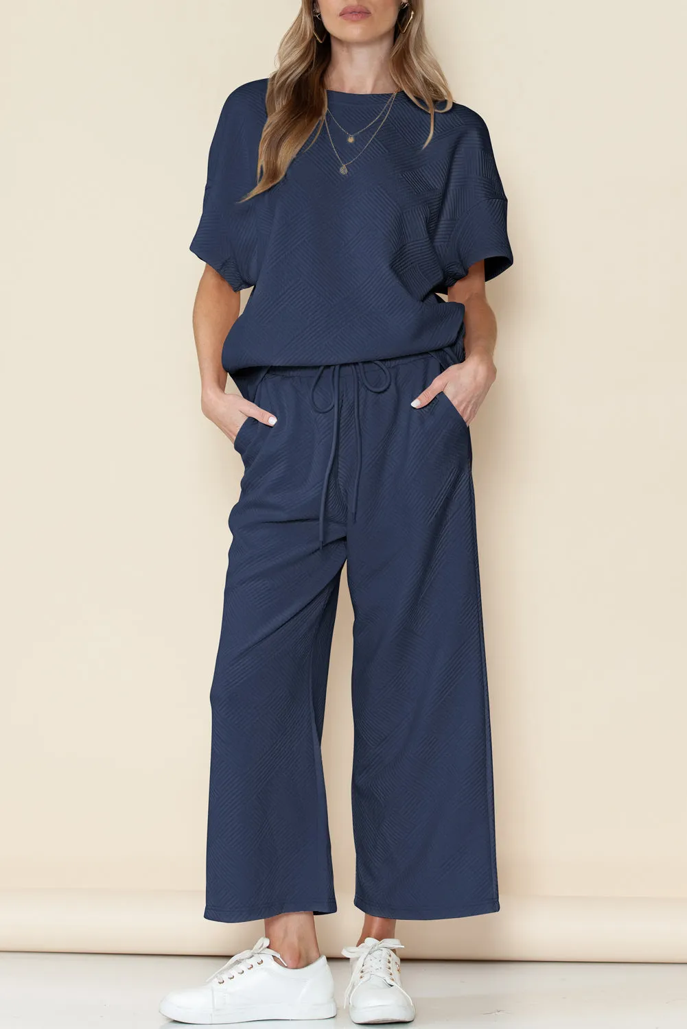 Navy Blue Textured Loose Fit T Shirt and Drawstring Pants Set