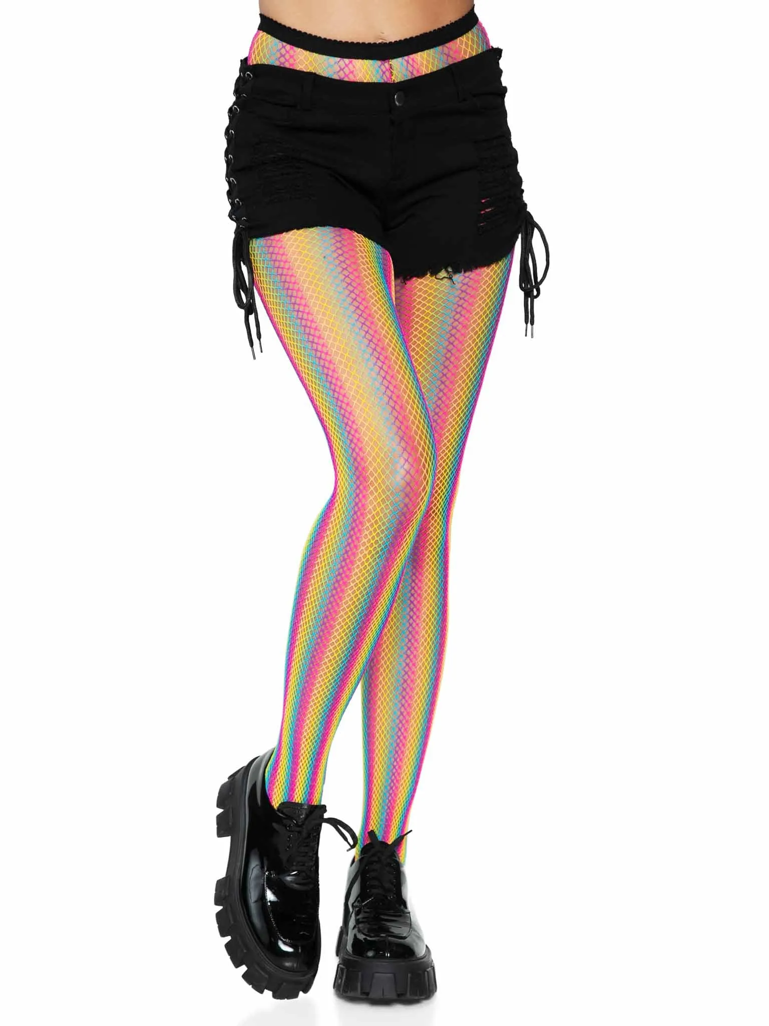 Neon Rainbow Striped Fishnet Tights - One Size -  Multicolor