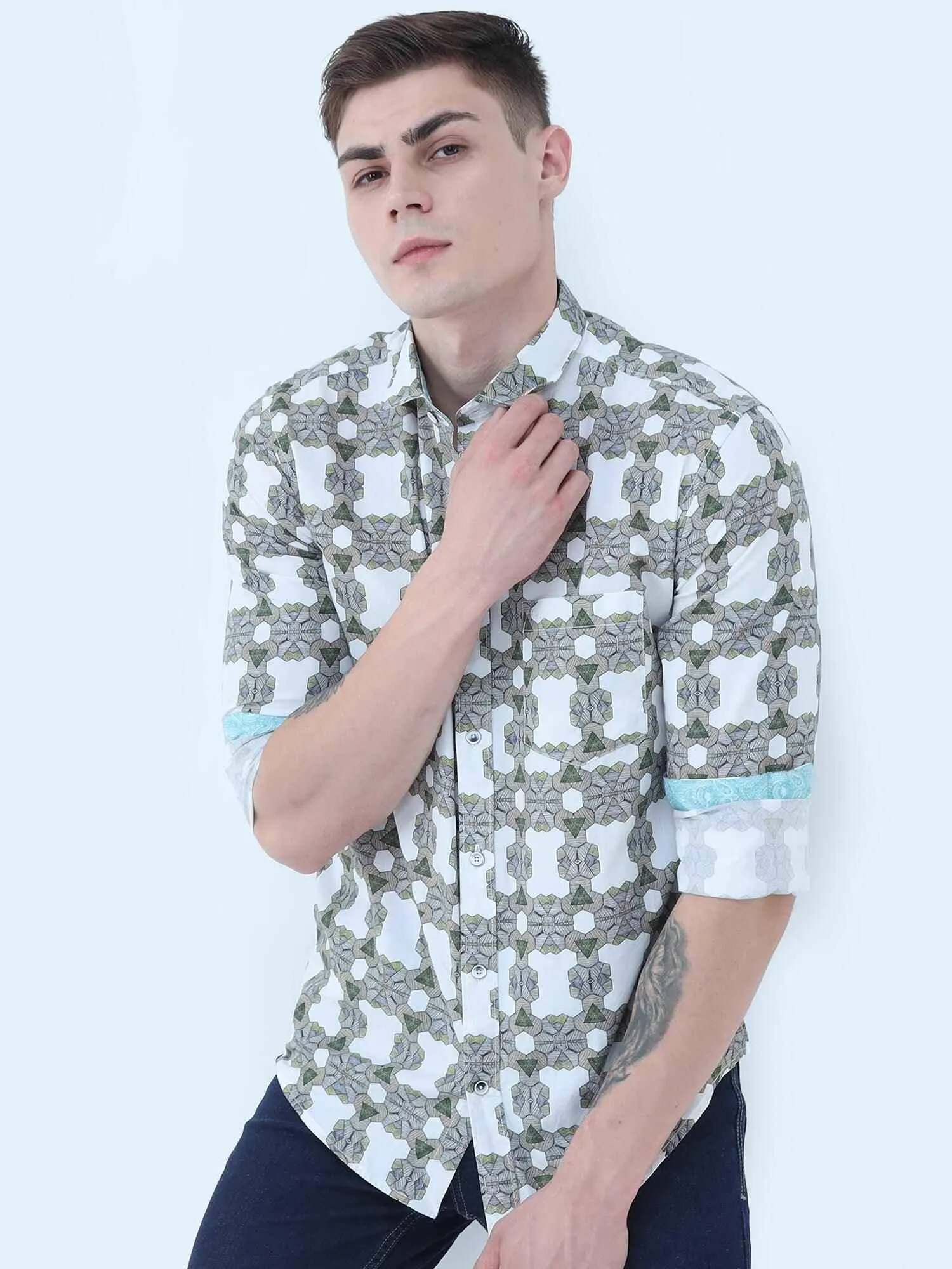 Olive Mosaic Digital Printed Full Shirt