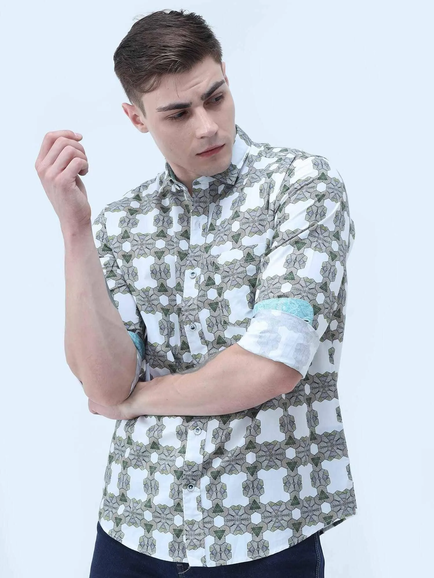 Olive Mosaic Digital Printed Full Shirt