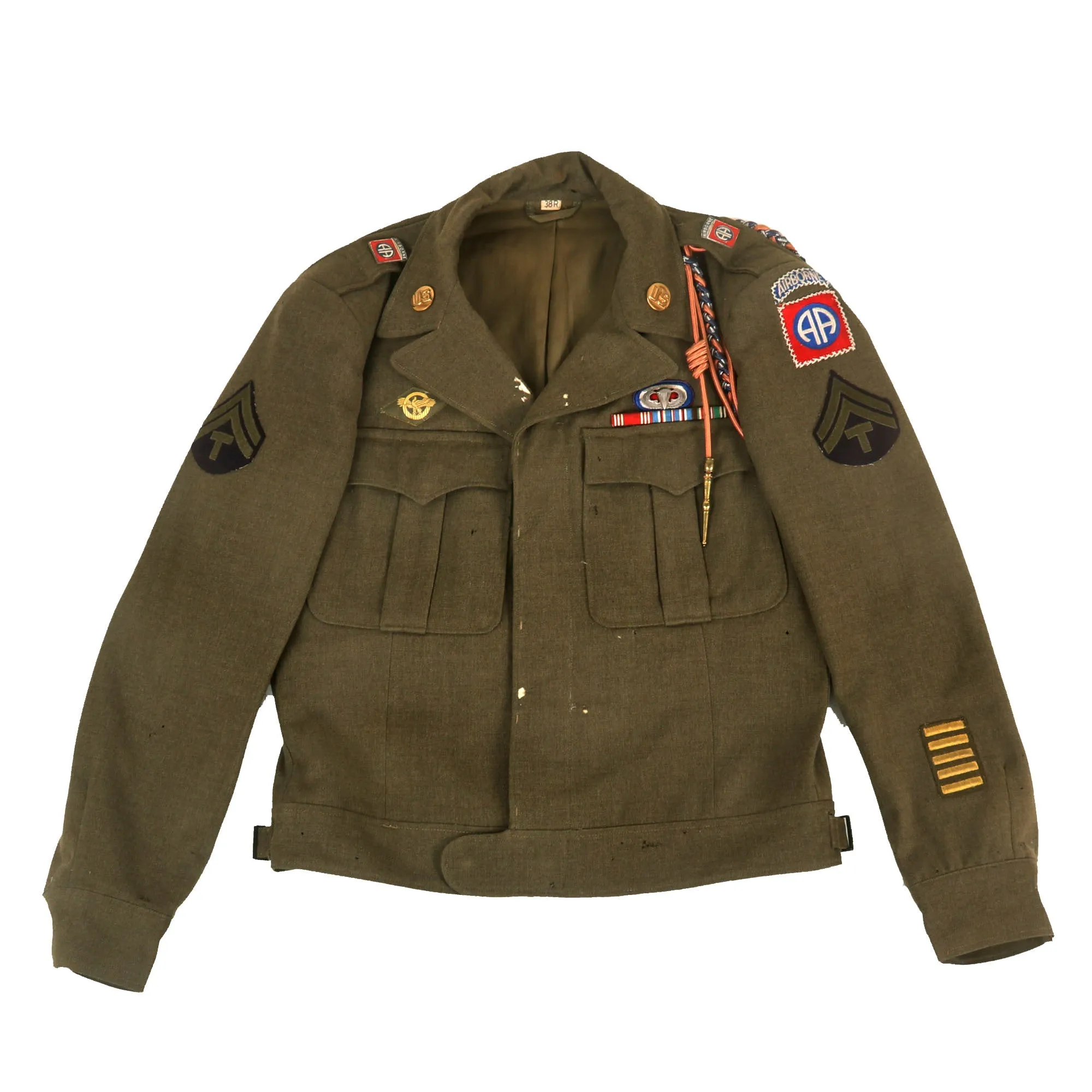 Original U.S. WWII Named 82nd Airborne Division Headquarters Ike Jacket with DUI on Shoulder Boards