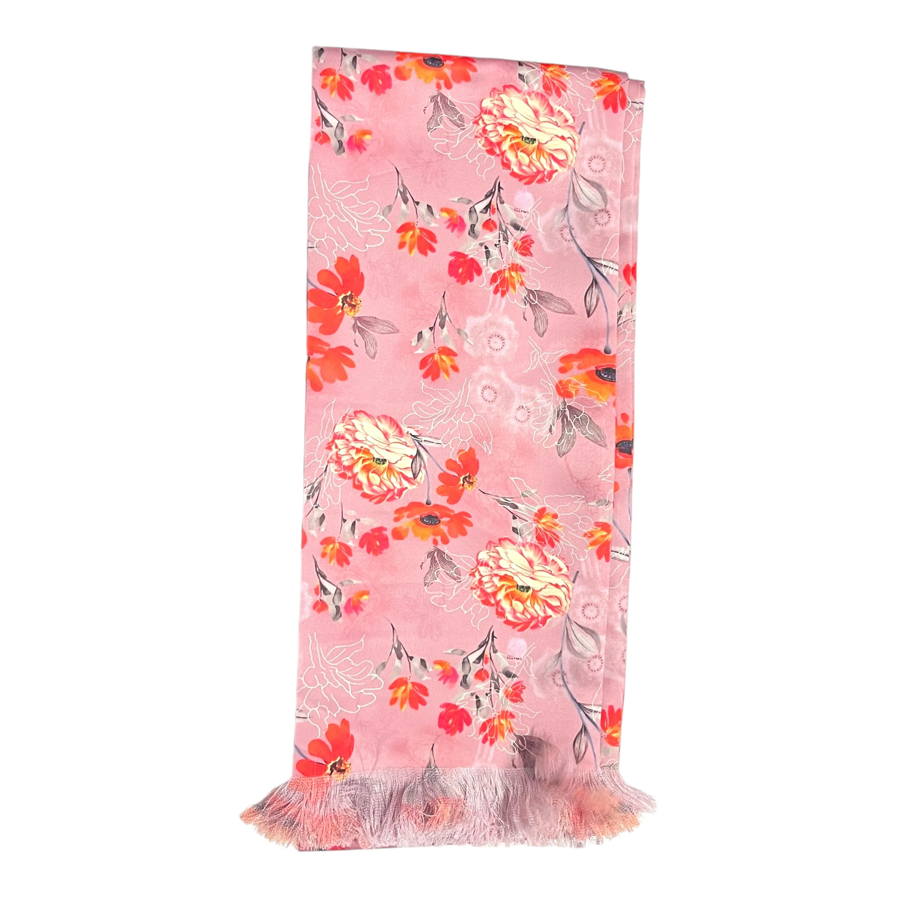 Pinkish Peach Floral Scarf With Pocket Square