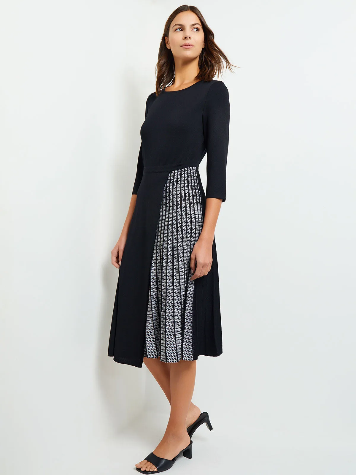 Pleated Contrast Panel Soft Knit Dress, Black & White