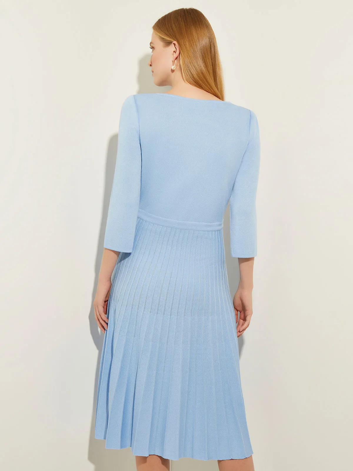 Pleated Contrast Panel Soft Knit Dress, Cirrus Blue