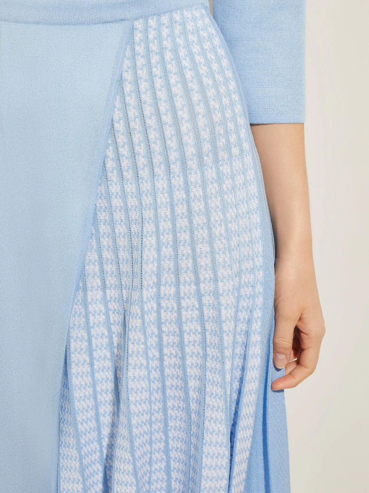 Pleated Contrast Panel Soft Knit Dress, Cirrus Blue