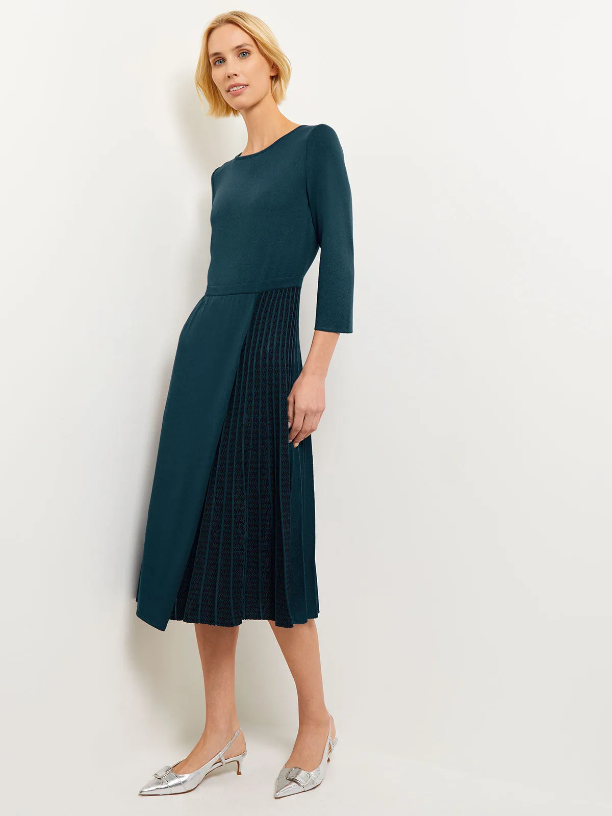 Pleated Contrast Panel Soft Knit Dress, Marine Teal & Black