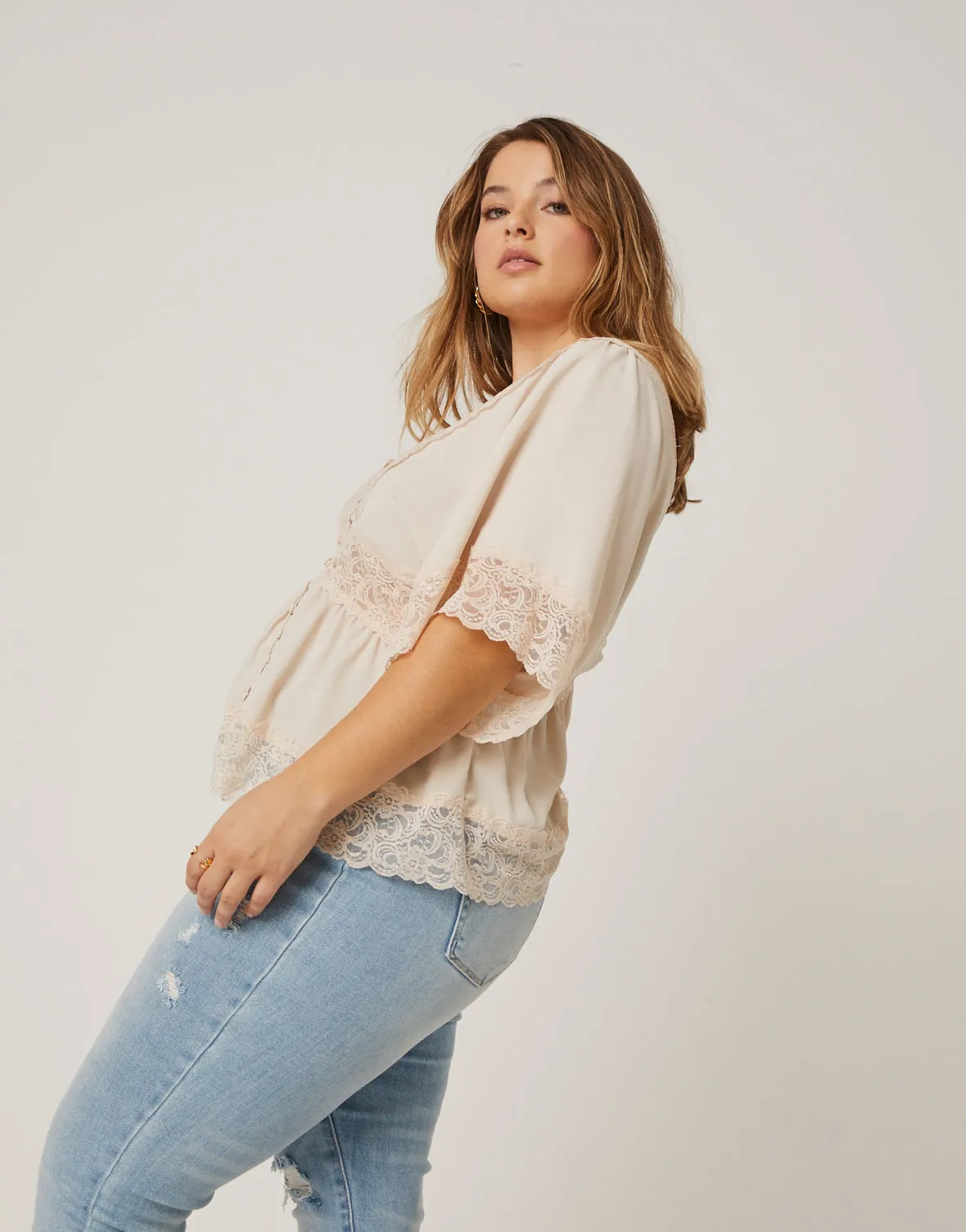 Plus Size Lace Trim Blouse