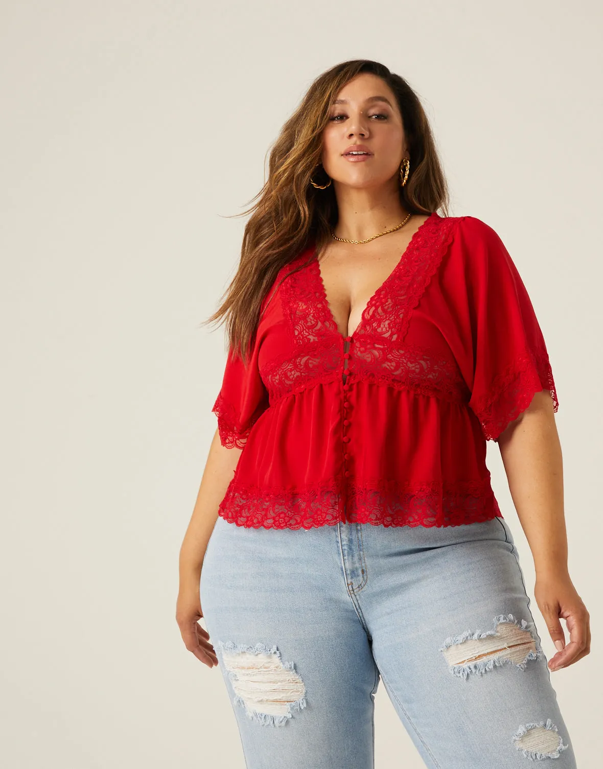 Plus Size Lace Trim Blouse