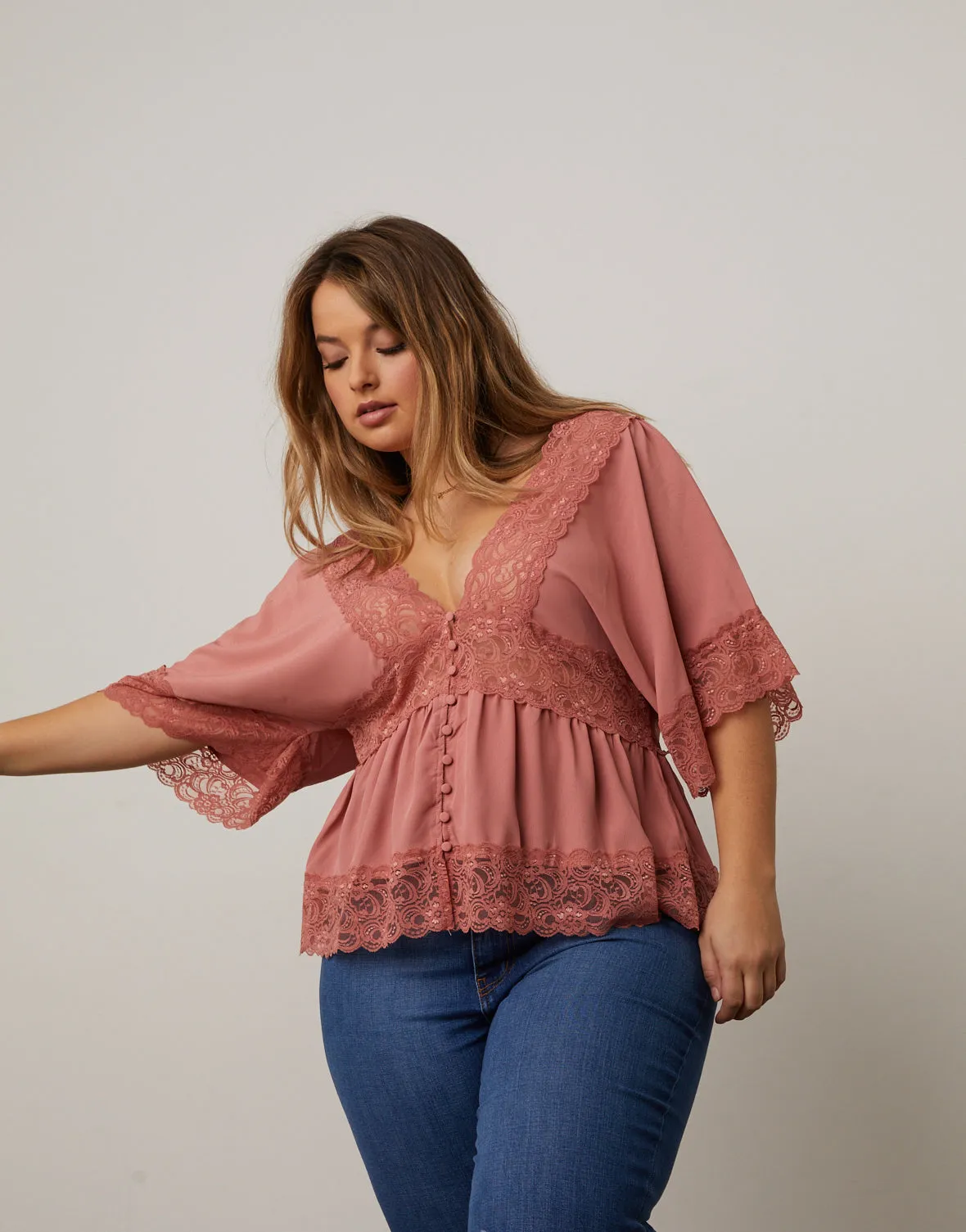 Plus Size Lace Trim Blouse