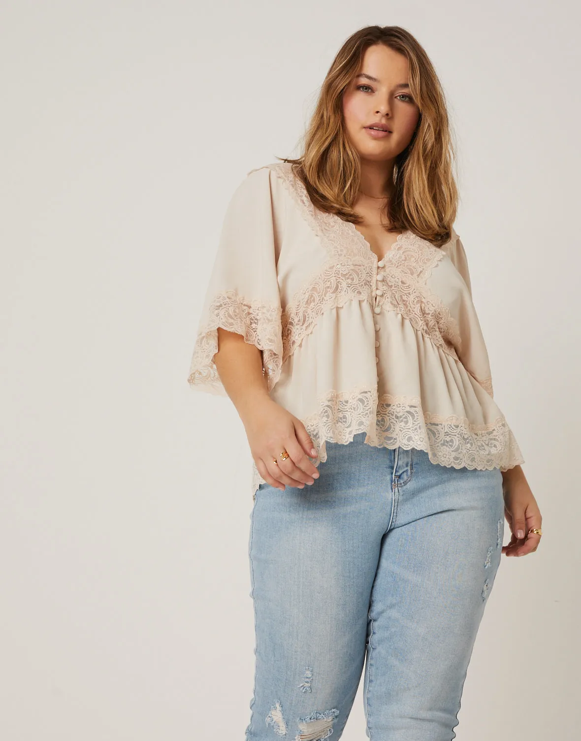 Plus Size Lace Trim Blouse