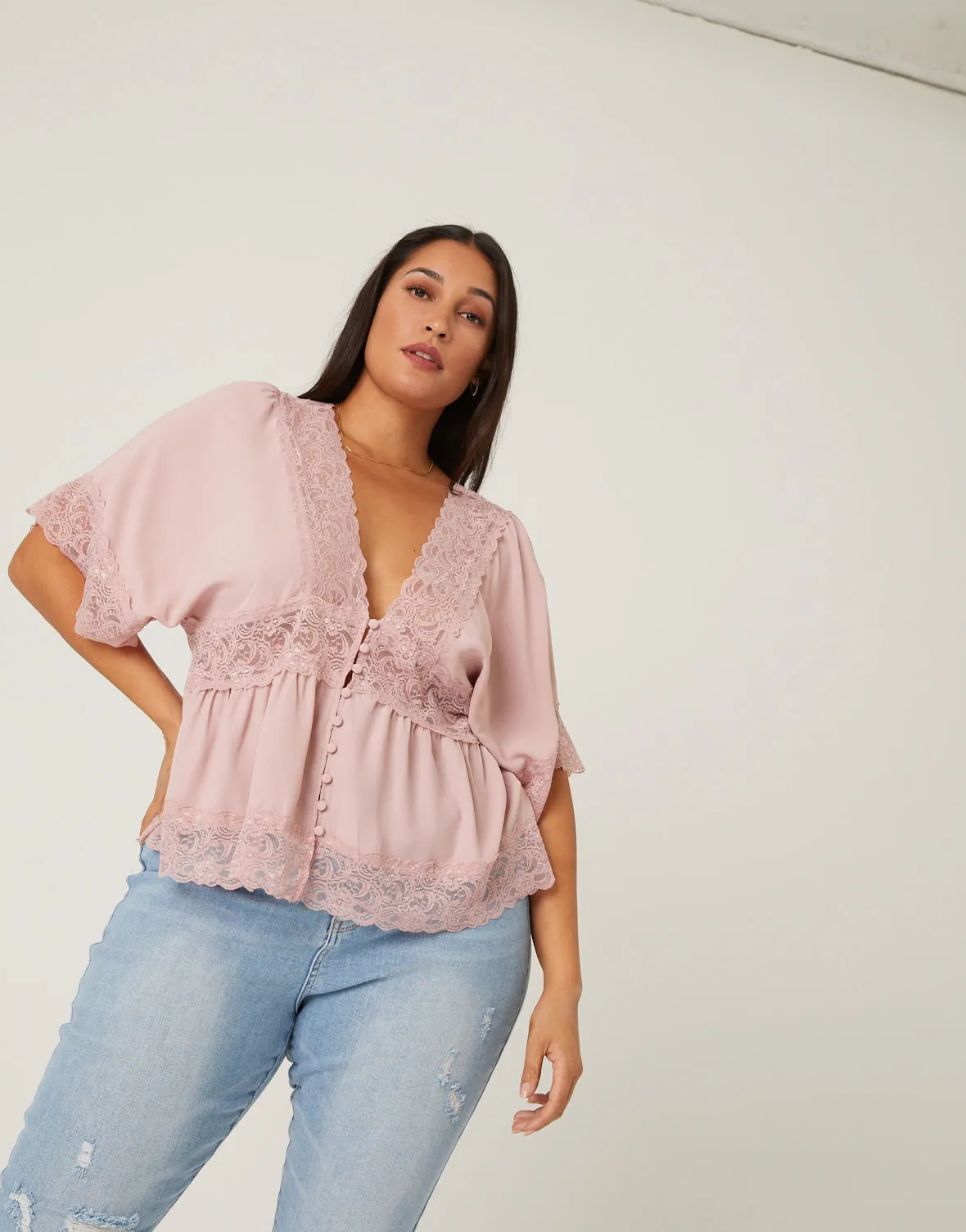 Plus Size Lace Trim Blouse