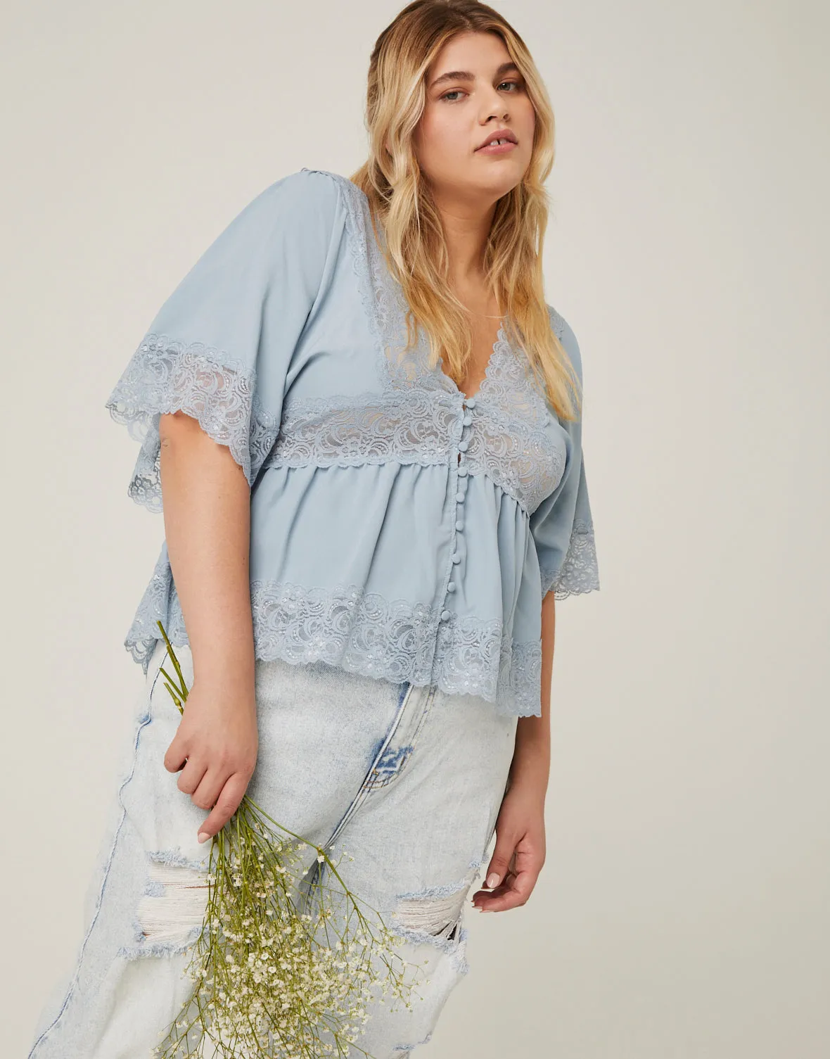 Plus Size Lace Trim Blouse