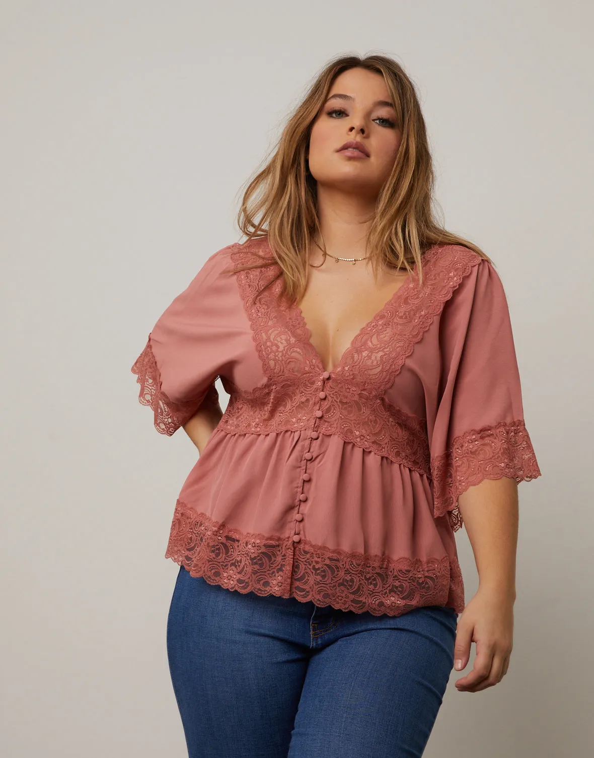 Plus Size Lace Trim Blouse