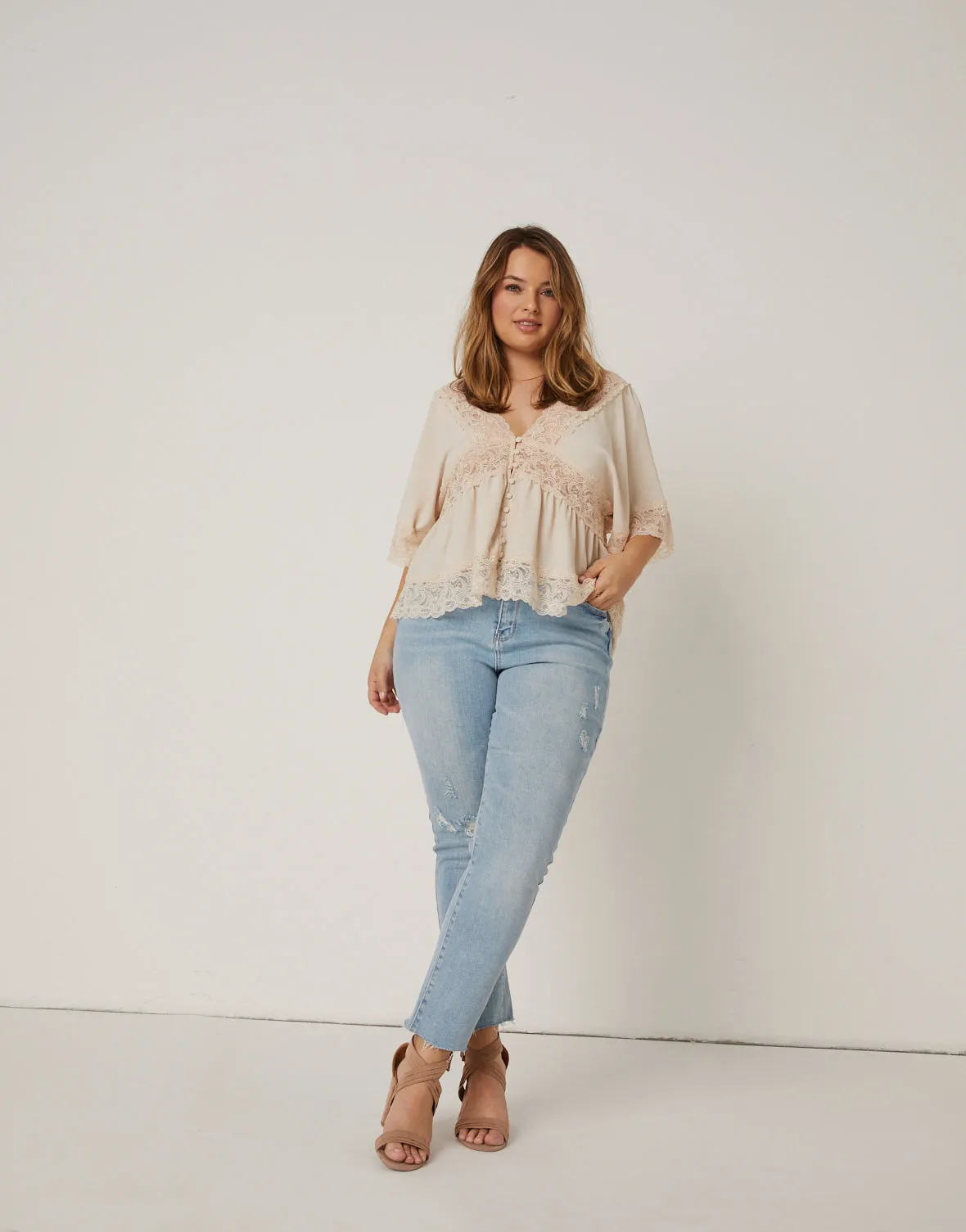 Plus Size Lace Trim Blouse