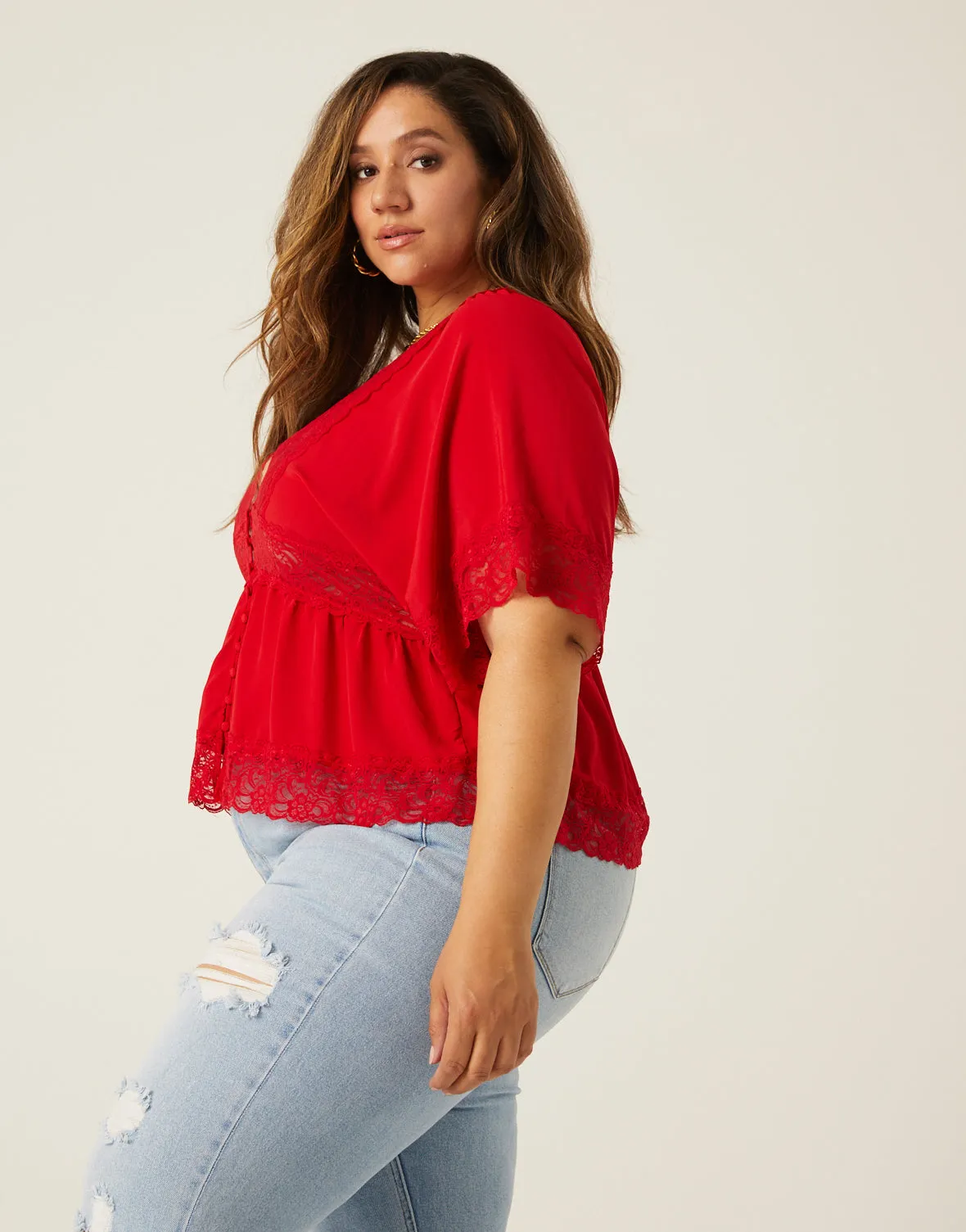 Plus Size Lace Trim Blouse