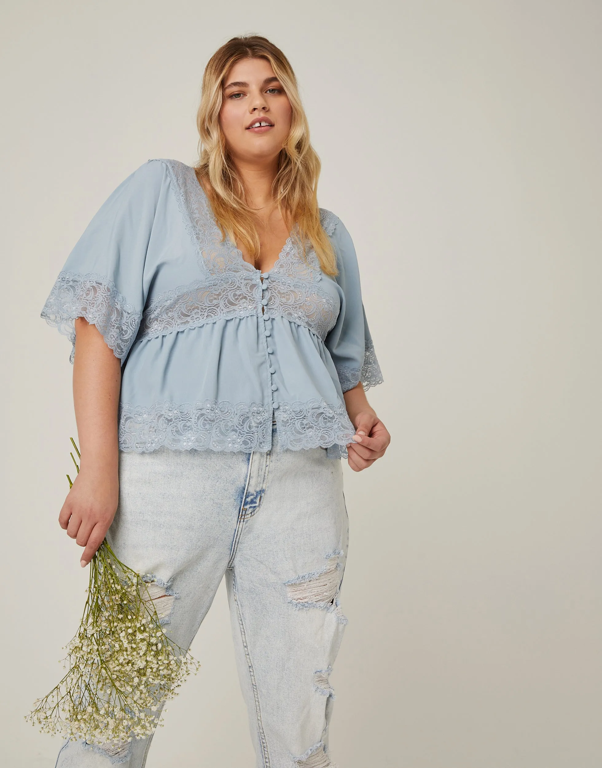 Plus Size Lace Trim Blouse