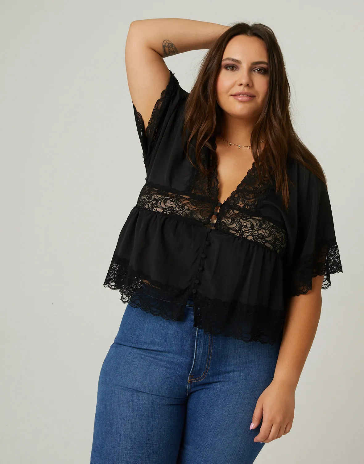 Plus Size Lace Trim Blouse