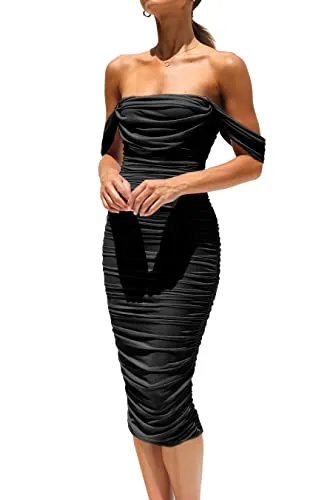 PRETTYGARDEN Women's Summer Off The Shoulder Ruched Bodycon Dresses Sleeveless Sexy Party Club Midi Dress (Black,Medium)