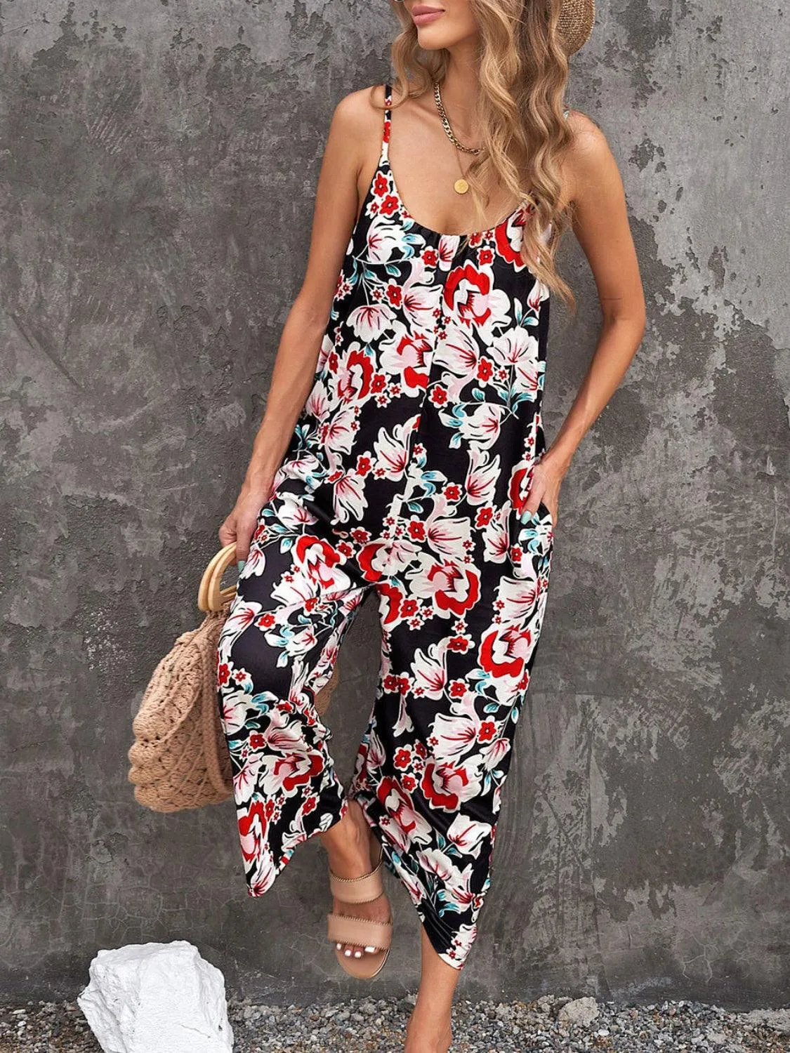 Printed Spaghetti Strap Jumpsuit with Pockets