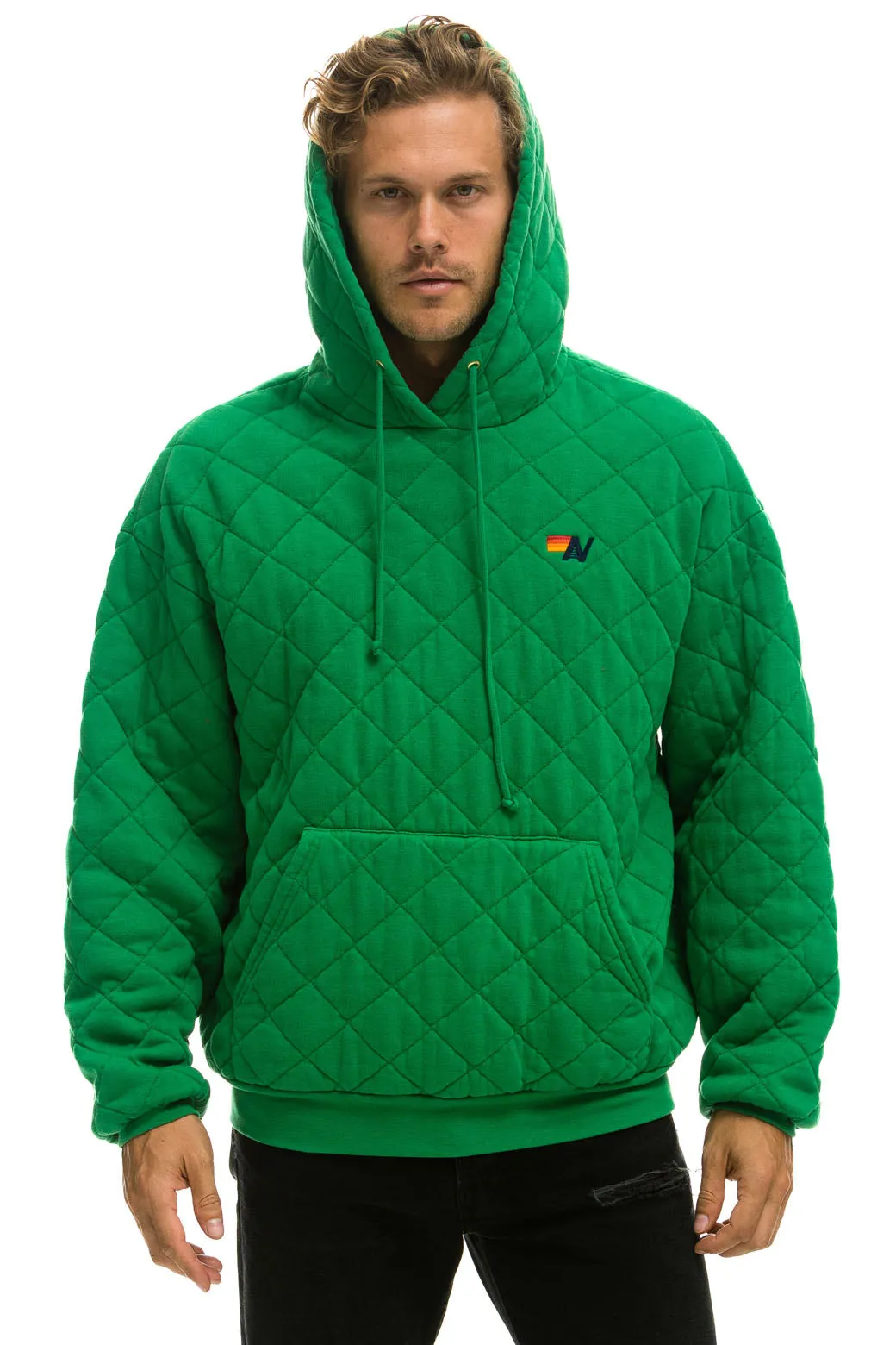 QUILTED RELAXED PULLOVER HOODIE - KELLY GREEN