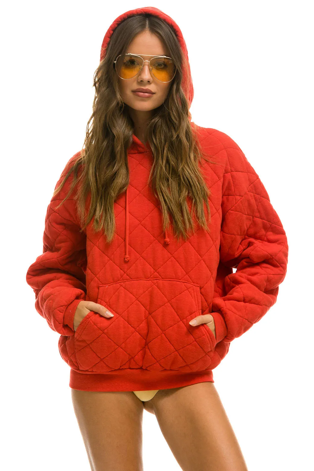 QUILTED RELAXED PULLOVER HOODIE - RED