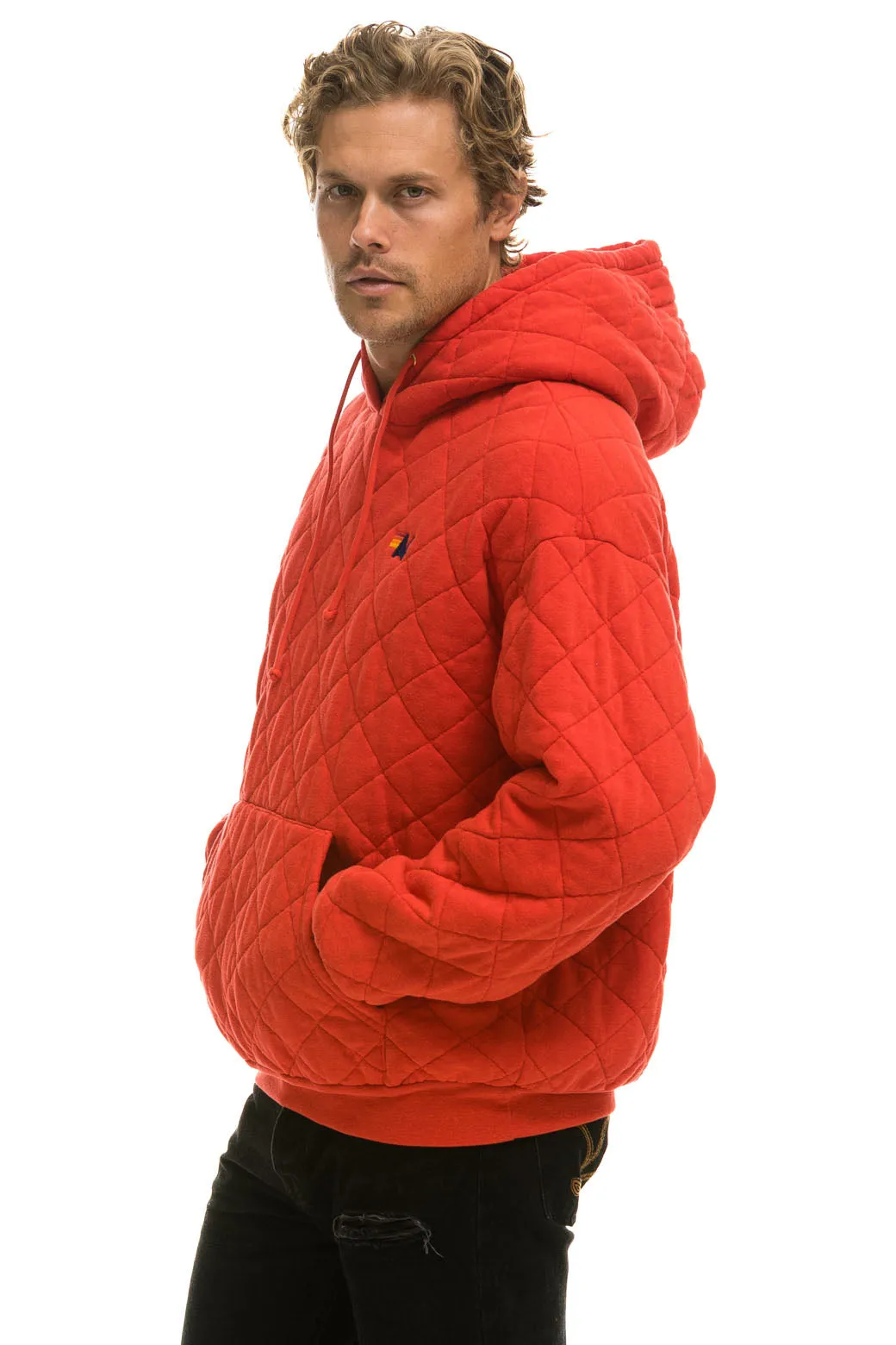 QUILTED RELAXED PULLOVER HOODIE - RED