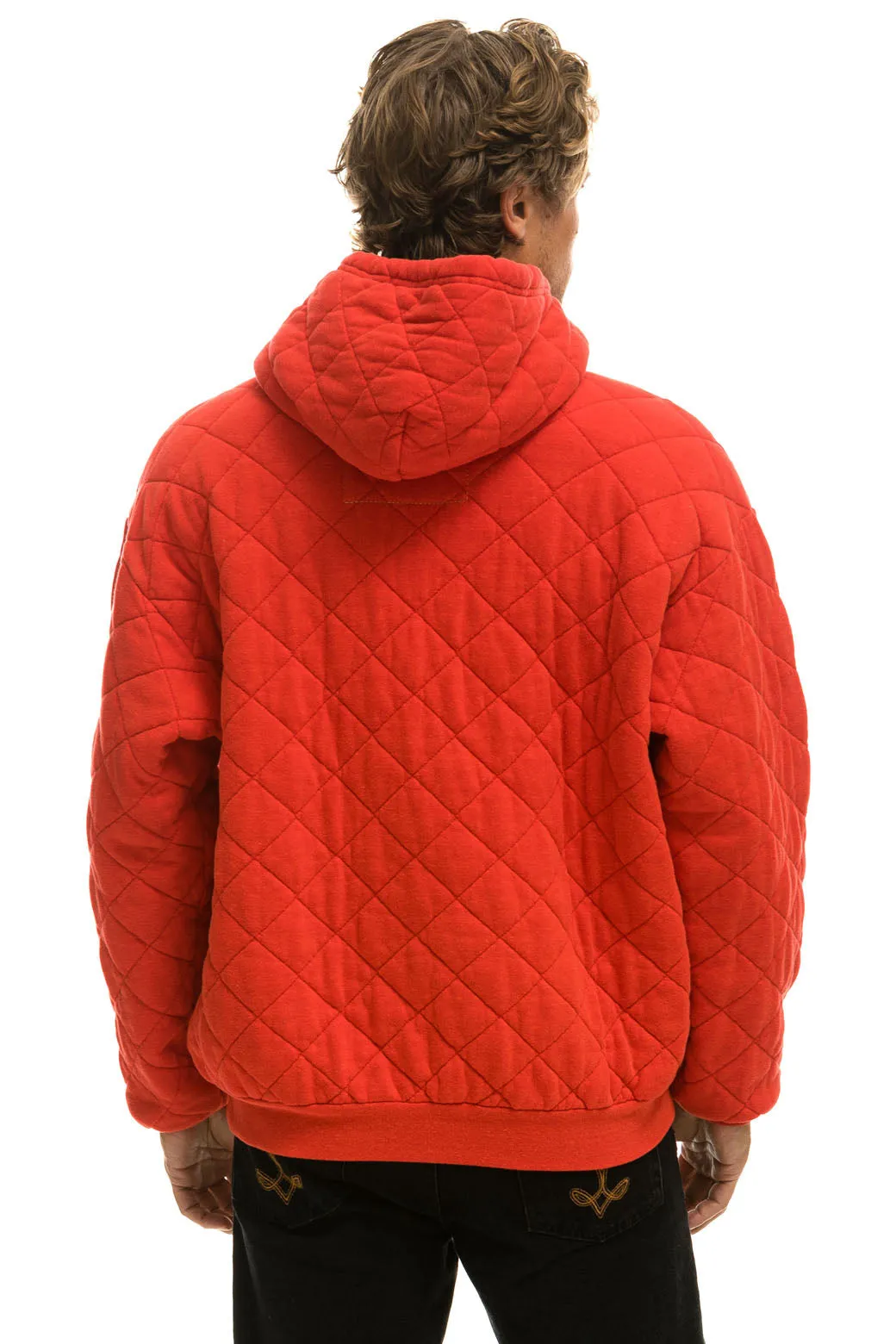 QUILTED RELAXED PULLOVER HOODIE - RED