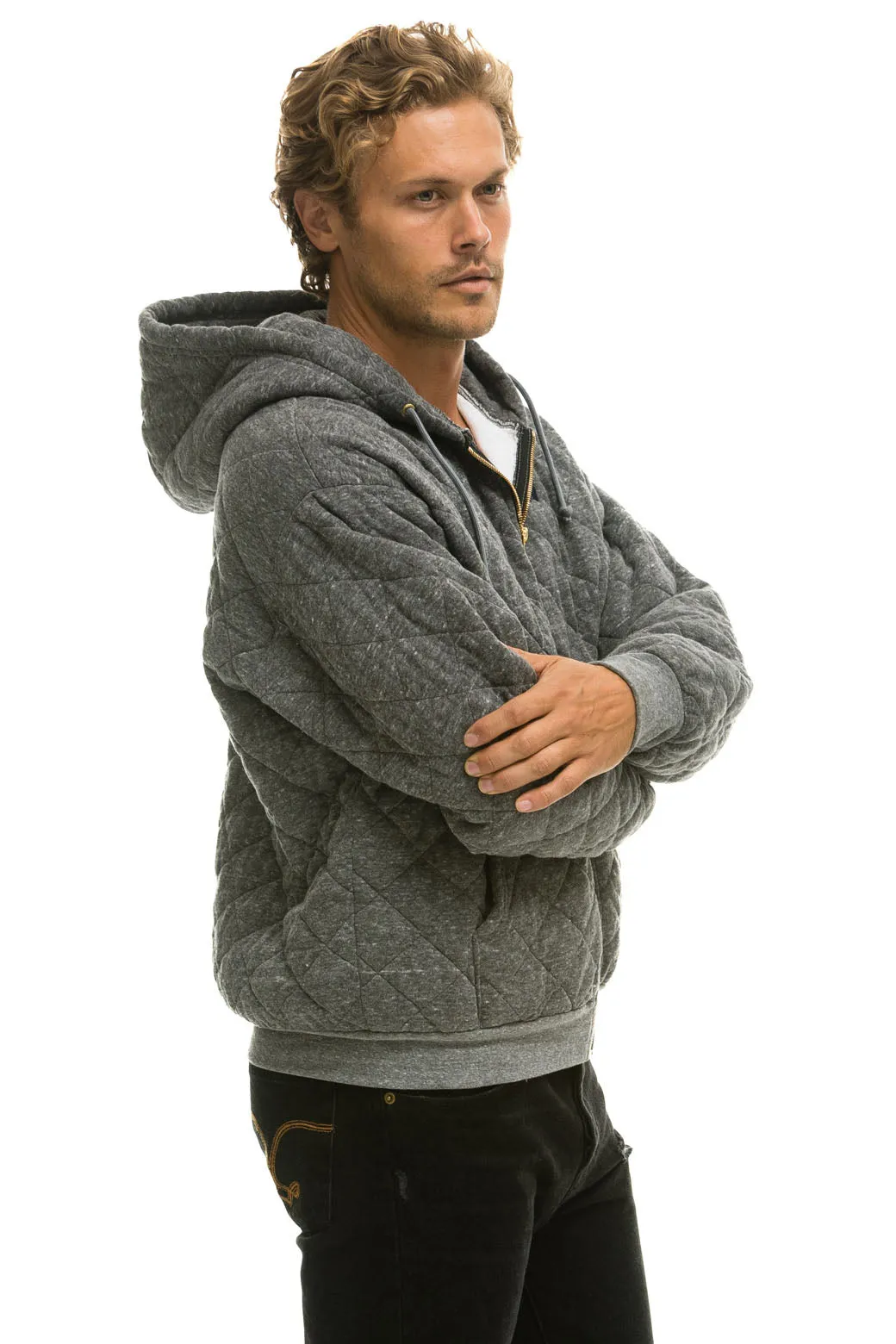 QUILTED ZIP HOODIE RELAXED - HEATHER GREY