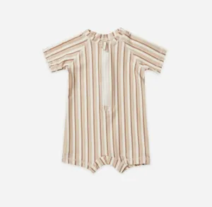 Quincy Mae Boys One Piece LATTE   CLAY STRIPE Swim Rashguard