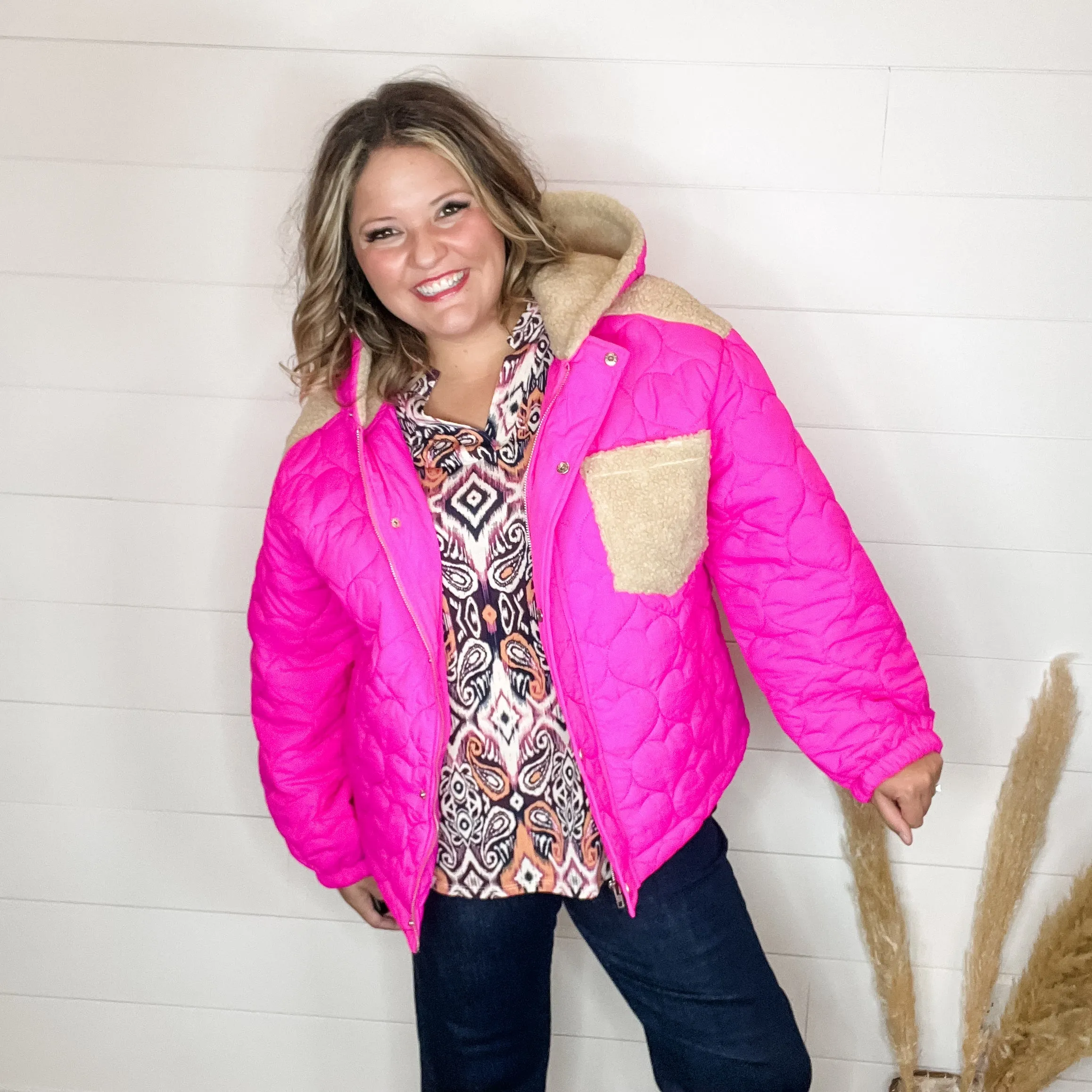 "I Heart You" Heart Quilted Jacket with Sherpa Details