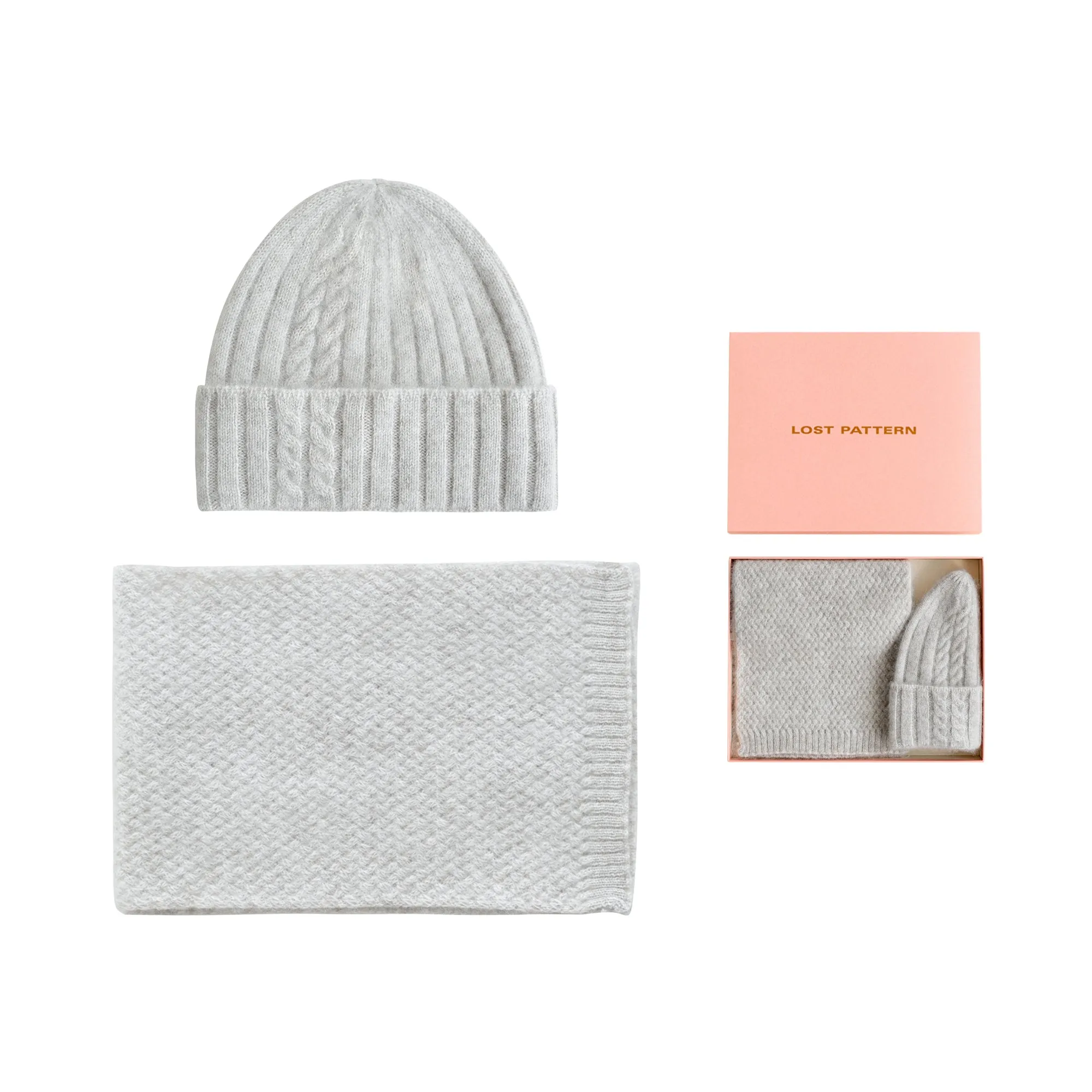 "Warmth Whisper" Cashmere Scarf & Beanie Hat Gift Set - Light Grey