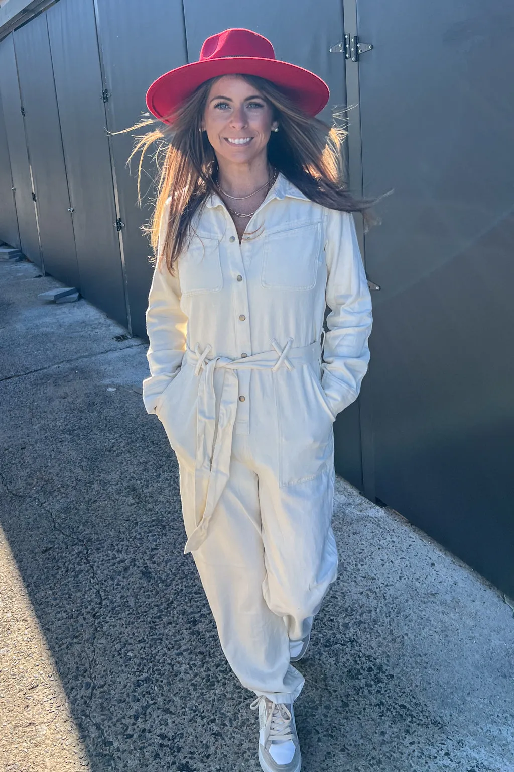 SALE-Long Sleeve Cotton Twill Jumpsuit-Vanilla