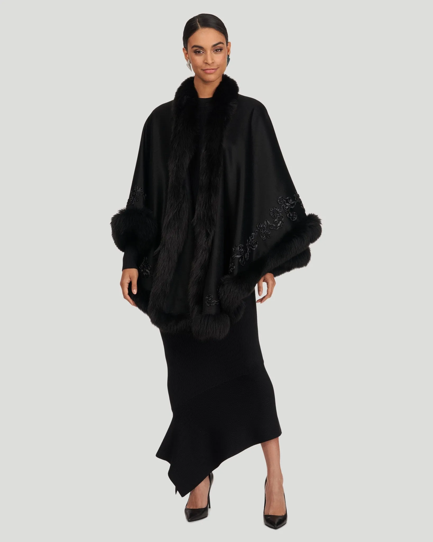 Select Cashmere & Wool Cape with Toscana Shearling Lamb Trim and Ribbon Embroidery