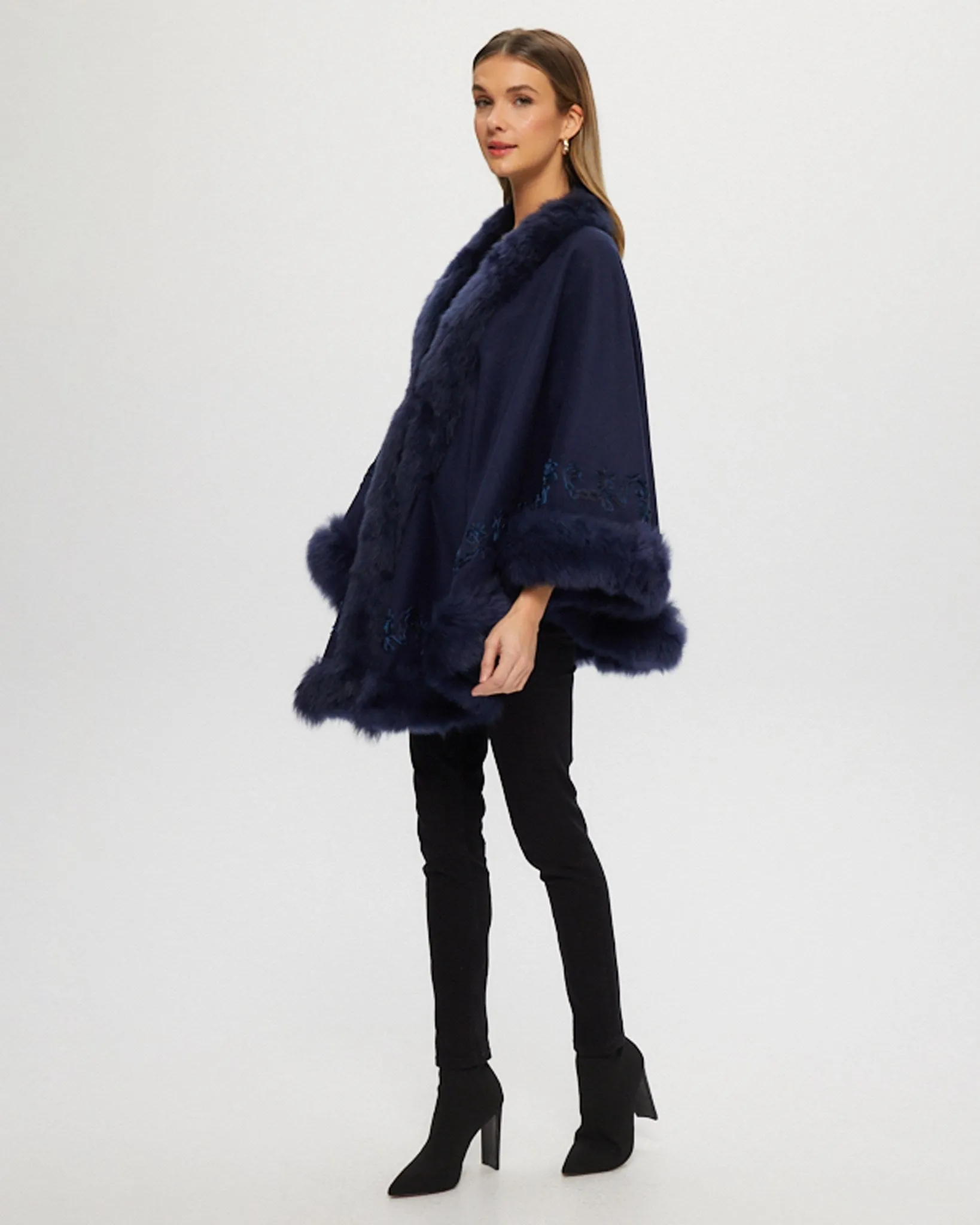 Select Cashmere & Wool Cape with Toscana Shearling Lamb Trim and Ribbon Embroidery