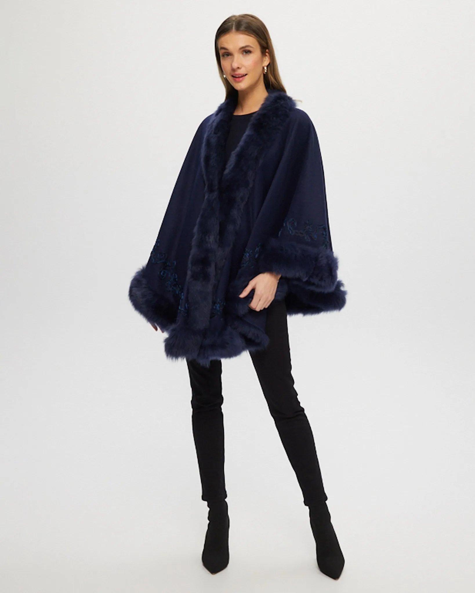 Select Cashmere & Wool Cape with Toscana Shearling Lamb Trim and Ribbon Embroidery