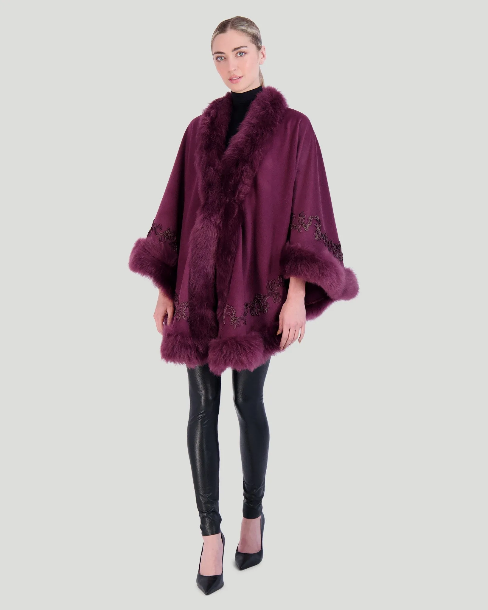 Select Cashmere & Wool Cape with Toscana Shearling Lamb Trim and Ribbon Embroidery