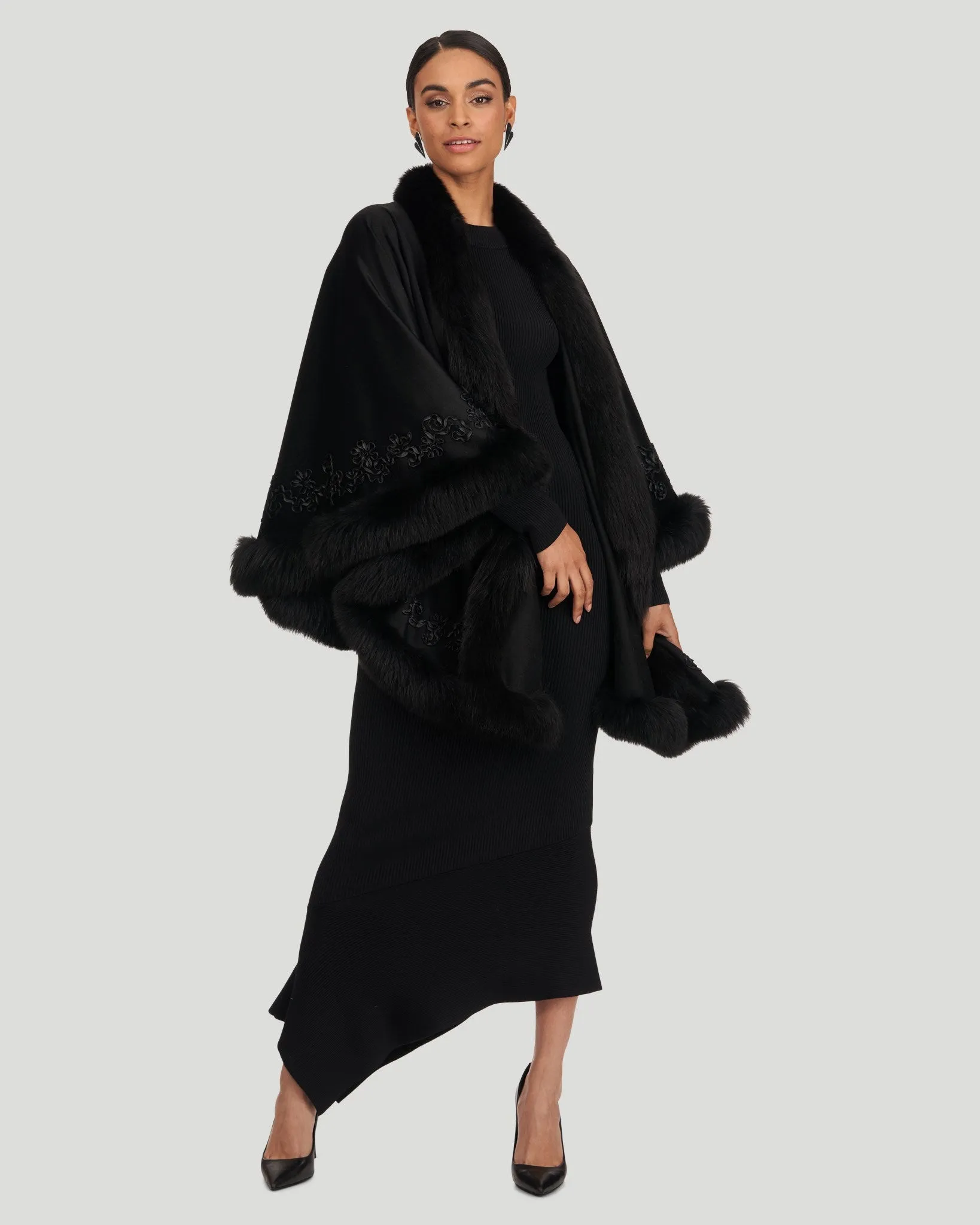 Select Cashmere & Wool Cape with Toscana Shearling Lamb Trim and Ribbon Embroidery