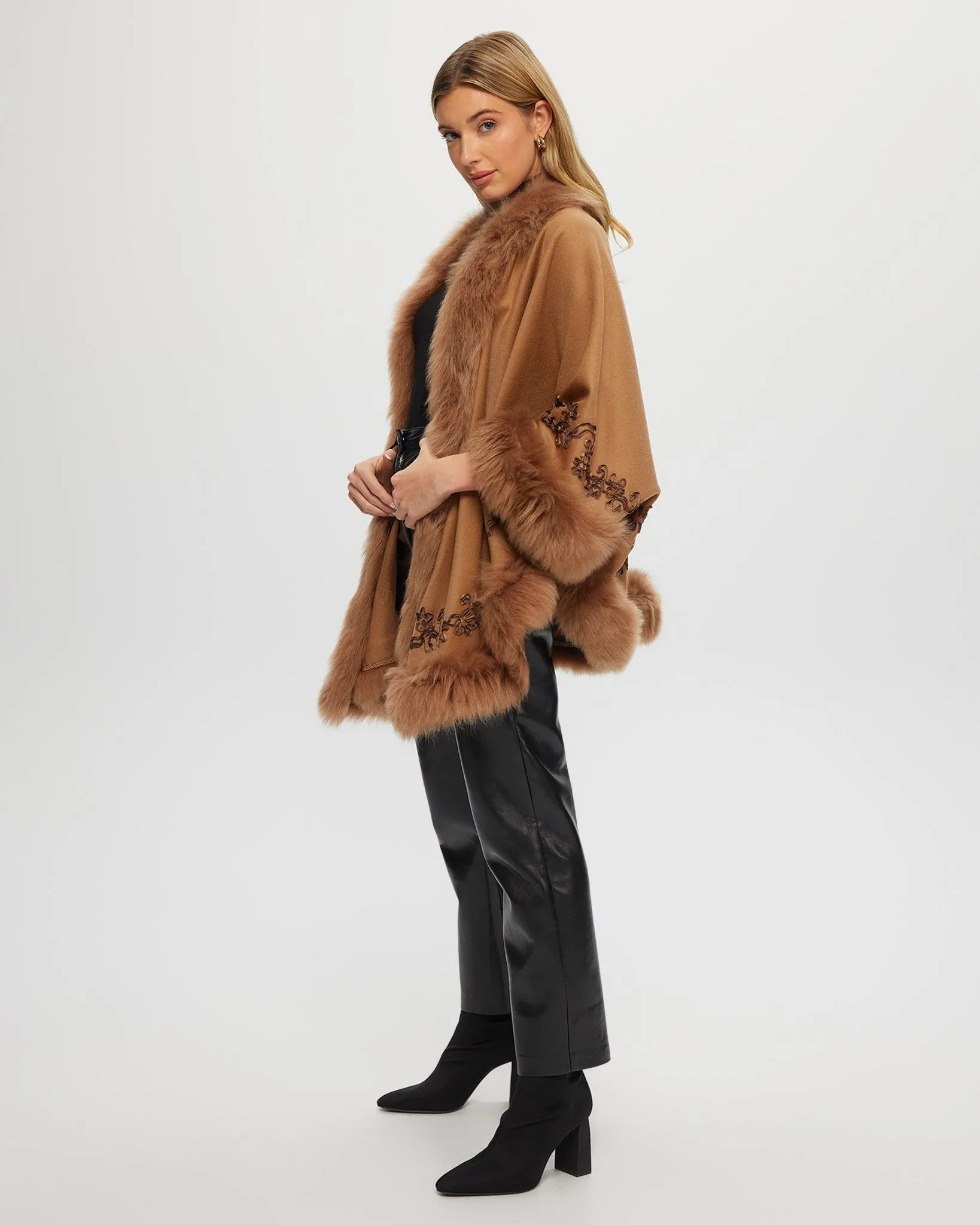 Select Cashmere & Wool Cape with Toscana Shearling Lamb Trim and Ribbon Embroidery