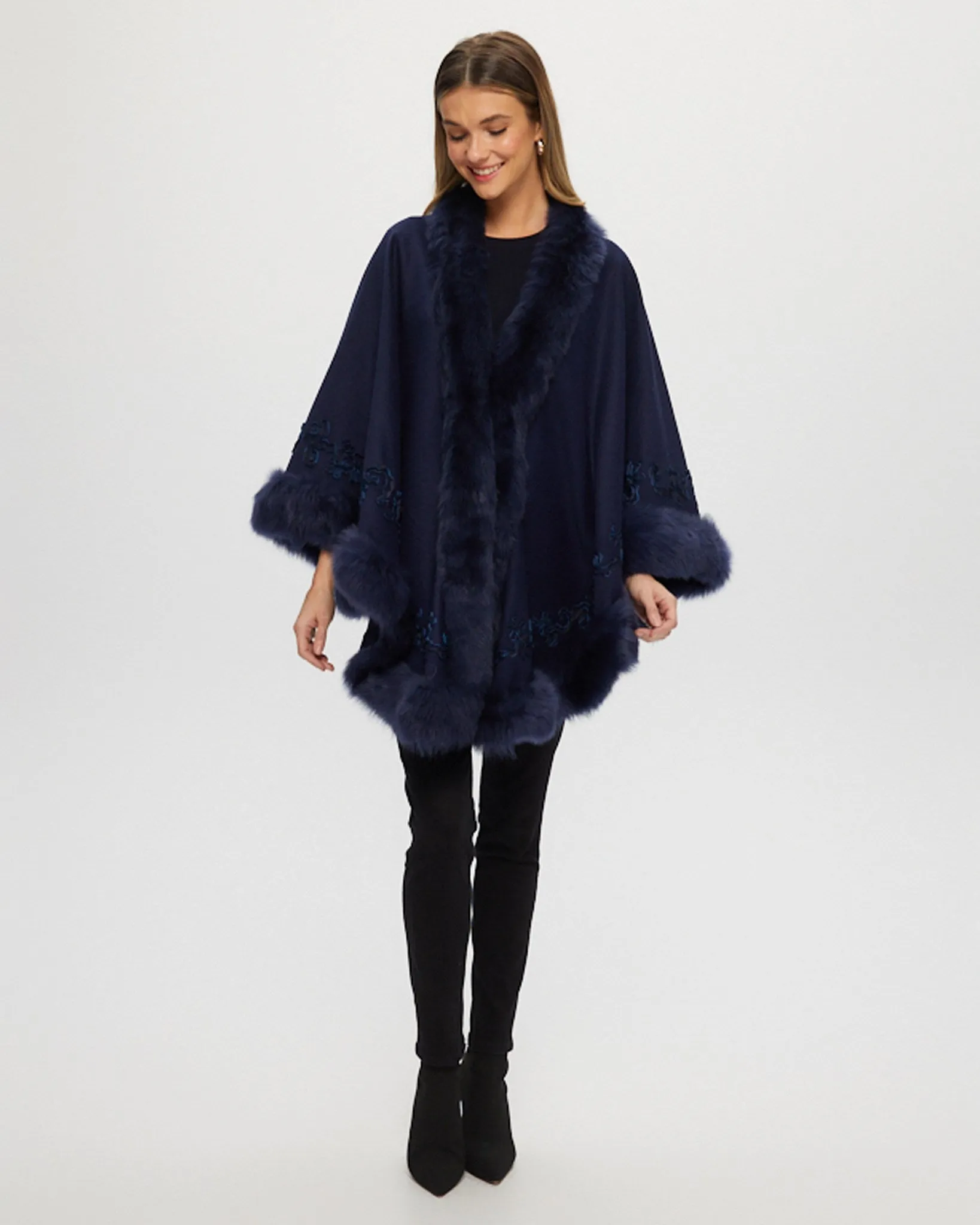 Select Cashmere & Wool Cape with Toscana Shearling Lamb Trim and Ribbon Embroidery