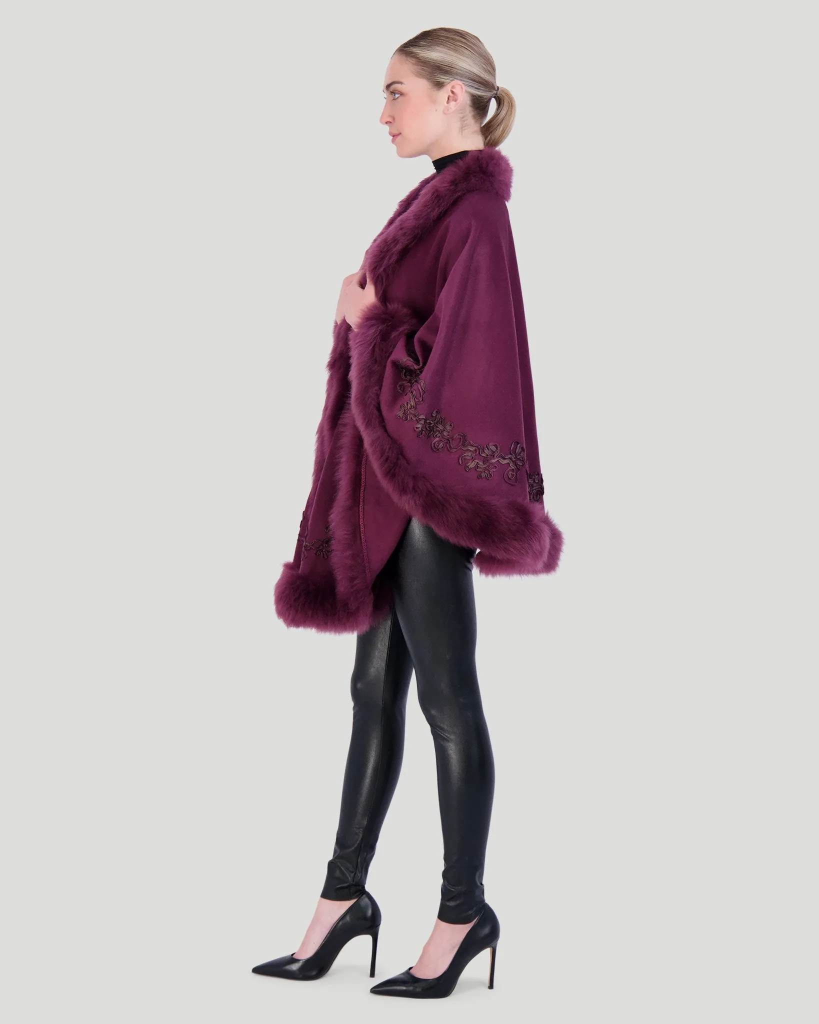 Select Cashmere & Wool Cape with Toscana Shearling Lamb Trim and Ribbon Embroidery