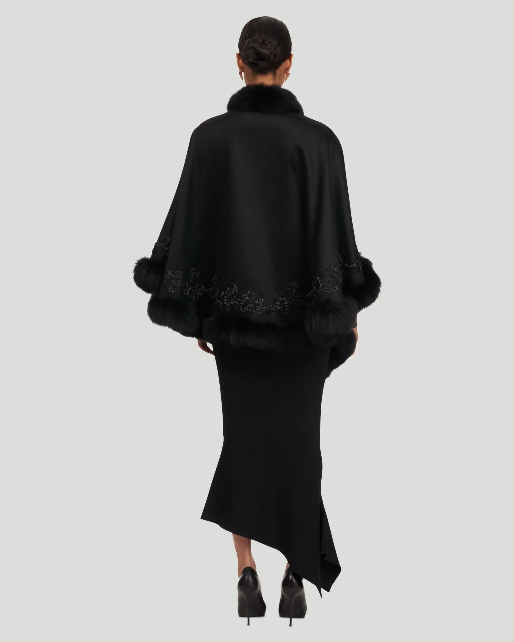 Select Cashmere & Wool Cape with Toscana Shearling Lamb Trim and Ribbon Embroidery