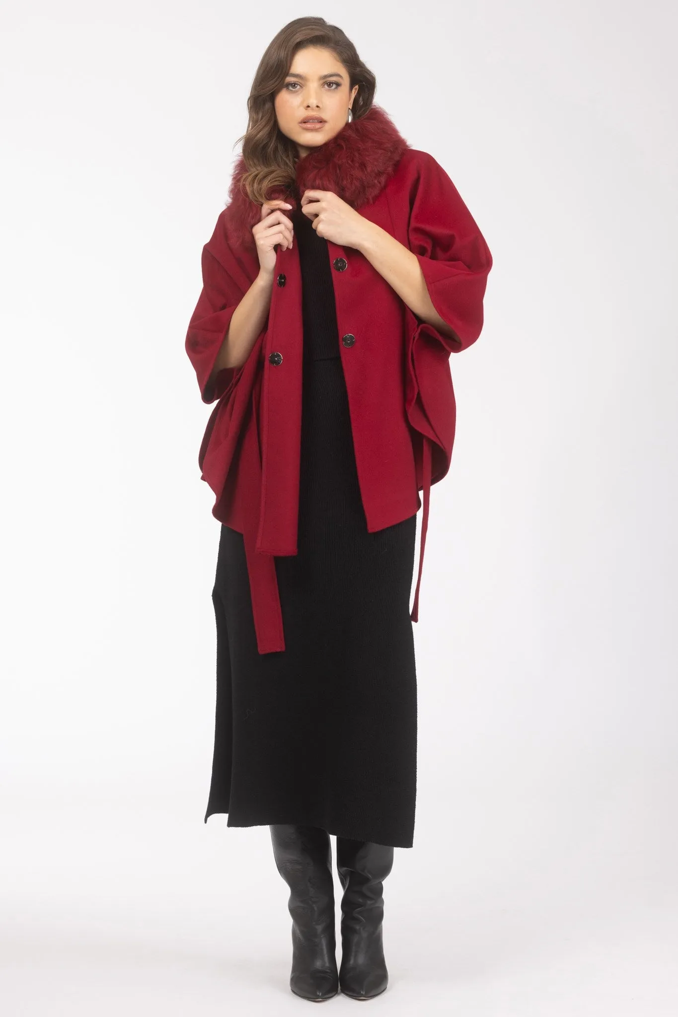 Select Wool Belted Cape with Select Lamb Collar