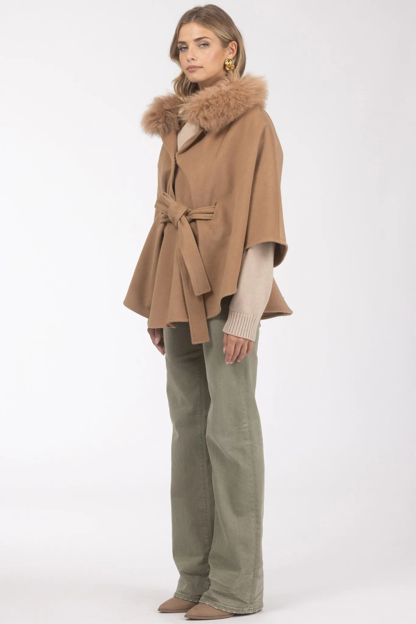 Select Wool Belted Cape with Select Lamb Collar