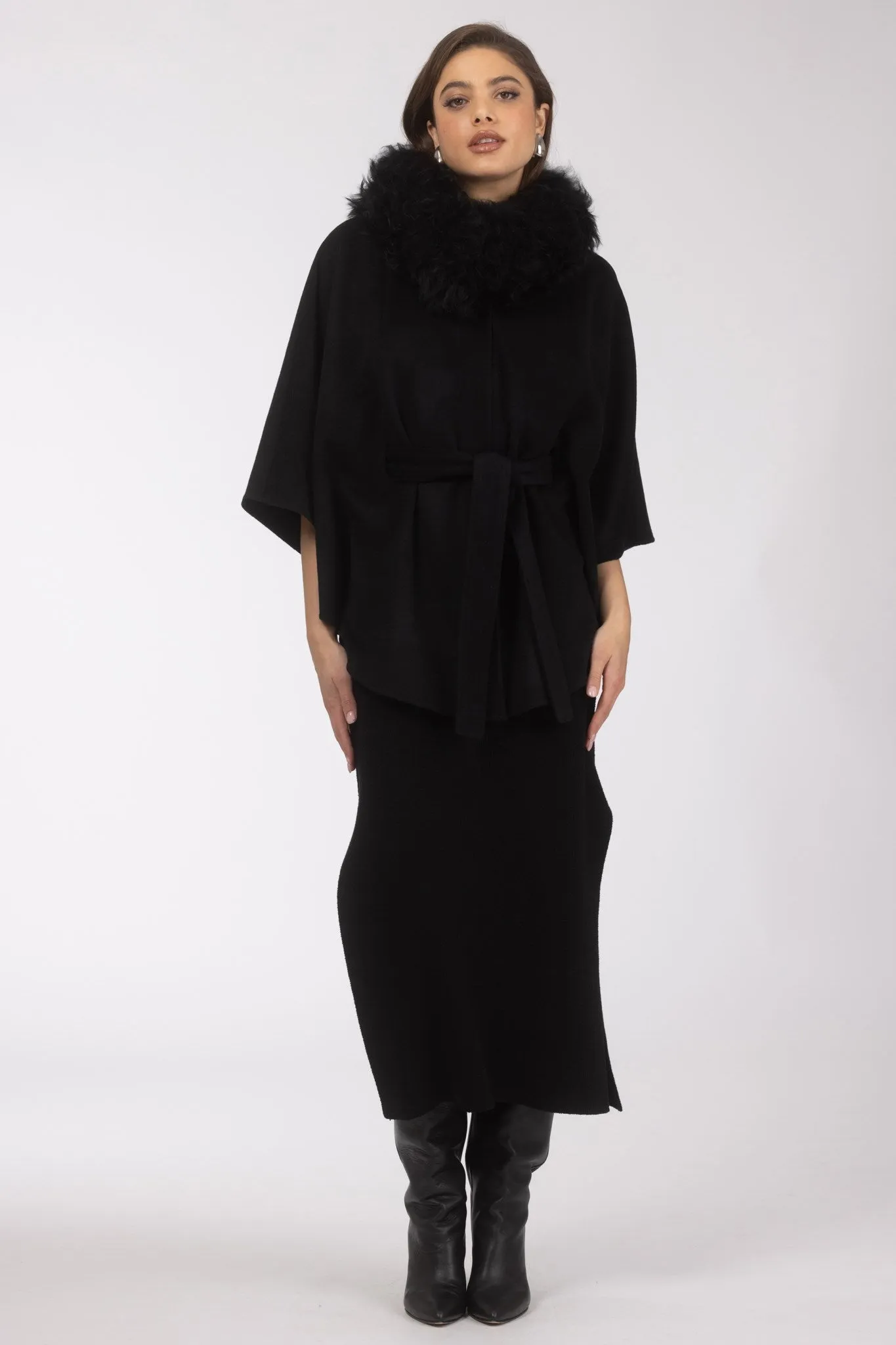 Select Wool Belted Cape with Select Lamb Collar