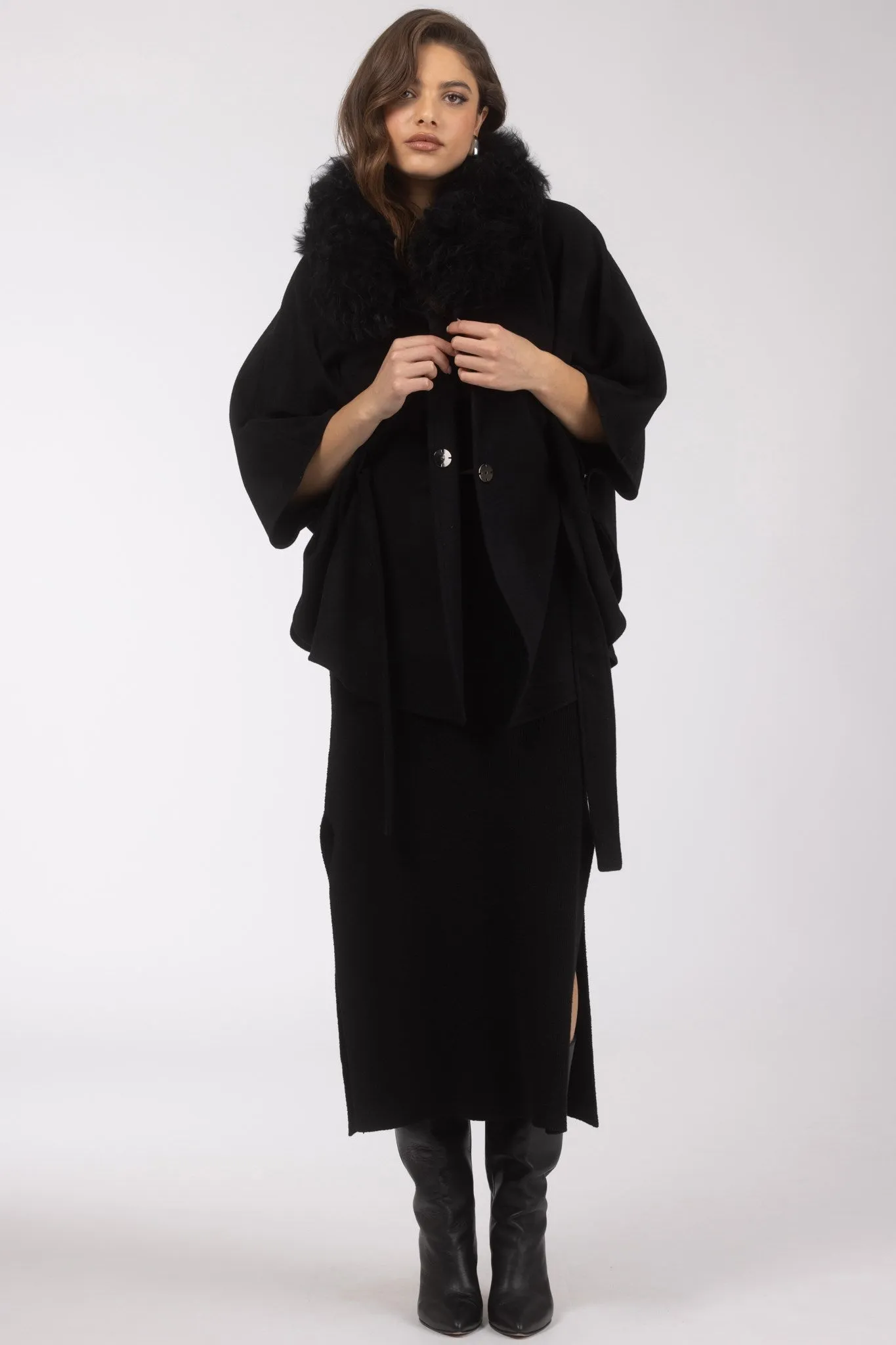 Select Wool Belted Cape with Select Lamb Collar