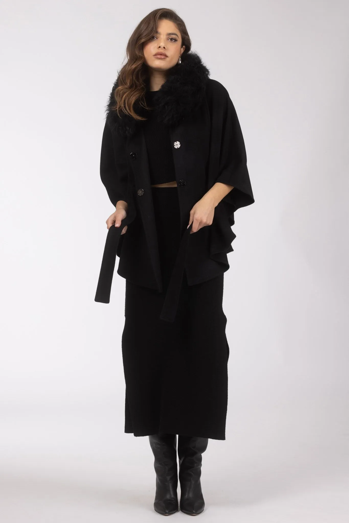 Select Wool Belted Cape with Select Lamb Collar