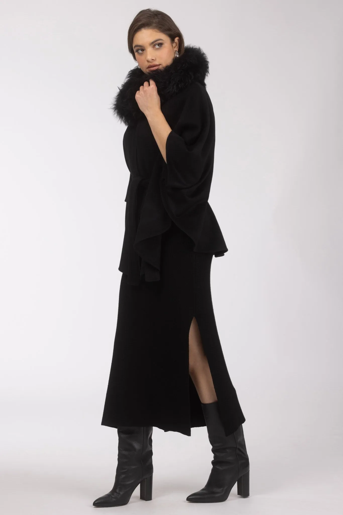 Select Wool Belted Cape with Select Lamb Collar