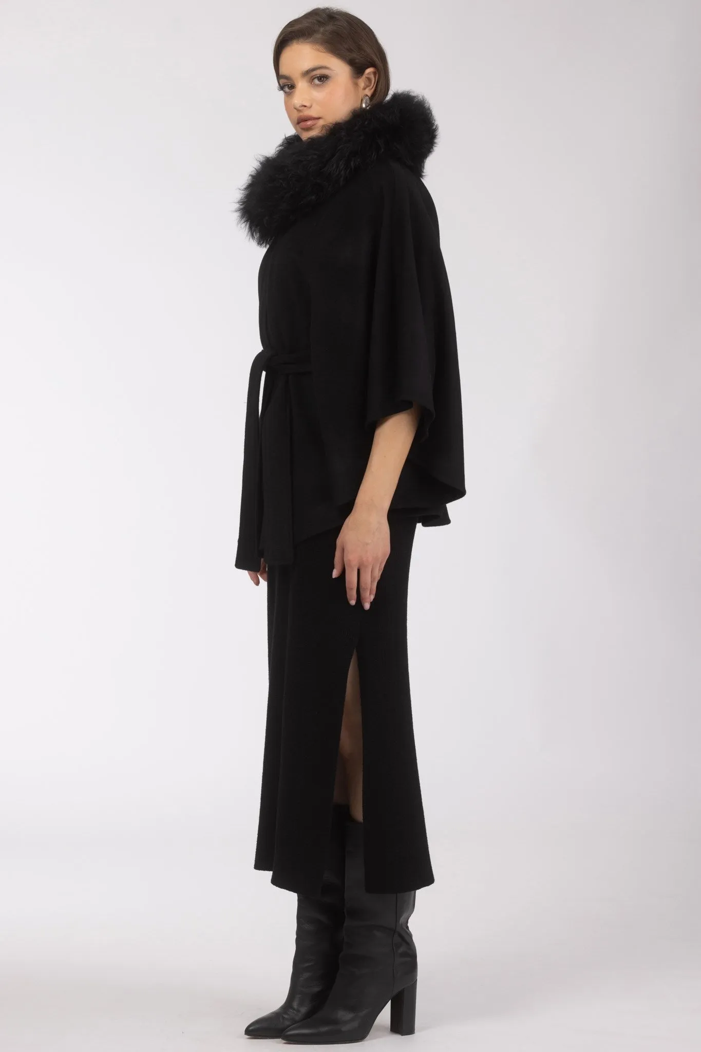 Select Wool Belted Cape with Select Lamb Collar